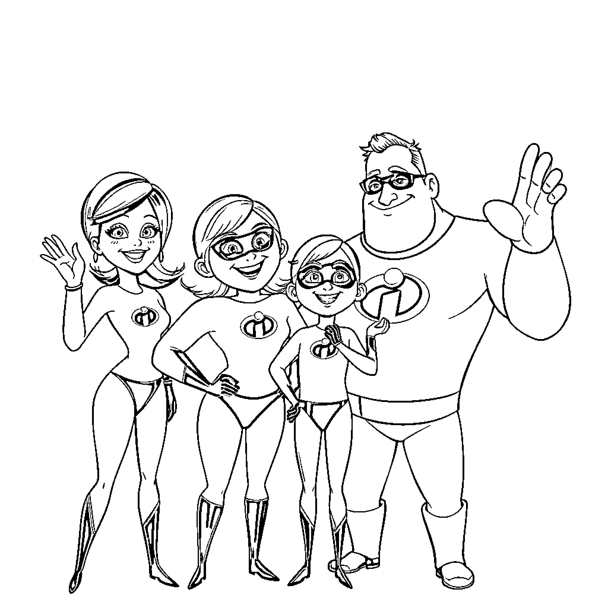 Incredibles family striking heroic poses Coloring Page (free black-and-white line drawing printable PDF for all, from beginners to advanced learners, including children, teens, adults, and seniors)