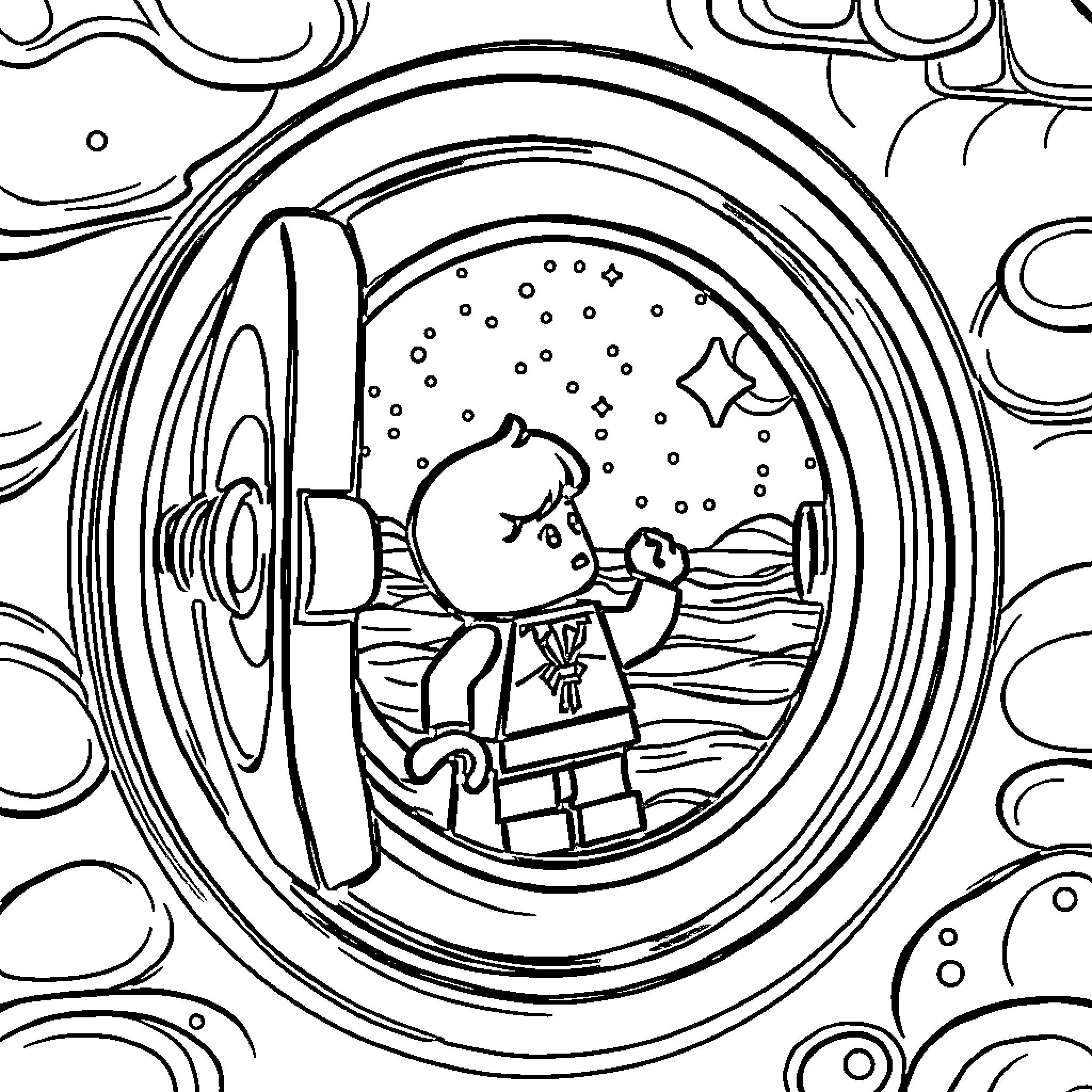 Lego Boy explores outer space in a glass bubble Coloring Page (free black-and-white line drawing printable PDF for all, from beginners to advanced learners, including children, teens, adults, and seniors)