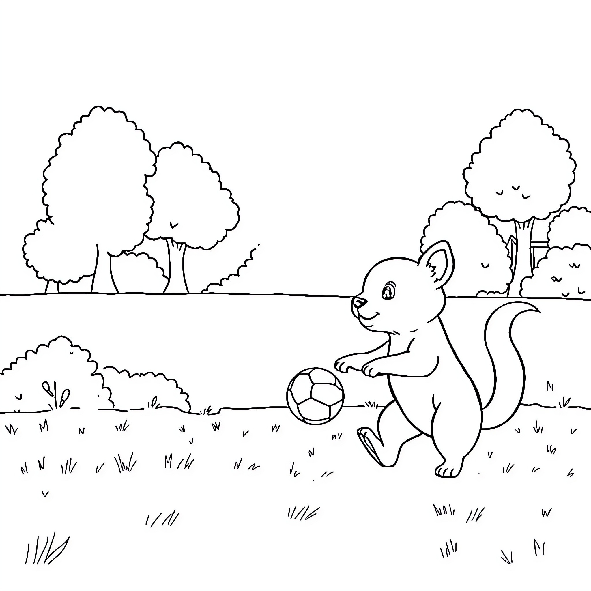 Perro jugando con una pelota en el parque Coloring Page (free black-and-white line drawing printable PDF for all, from beginners to advanced learners, including children, teens, adults, and seniors)
