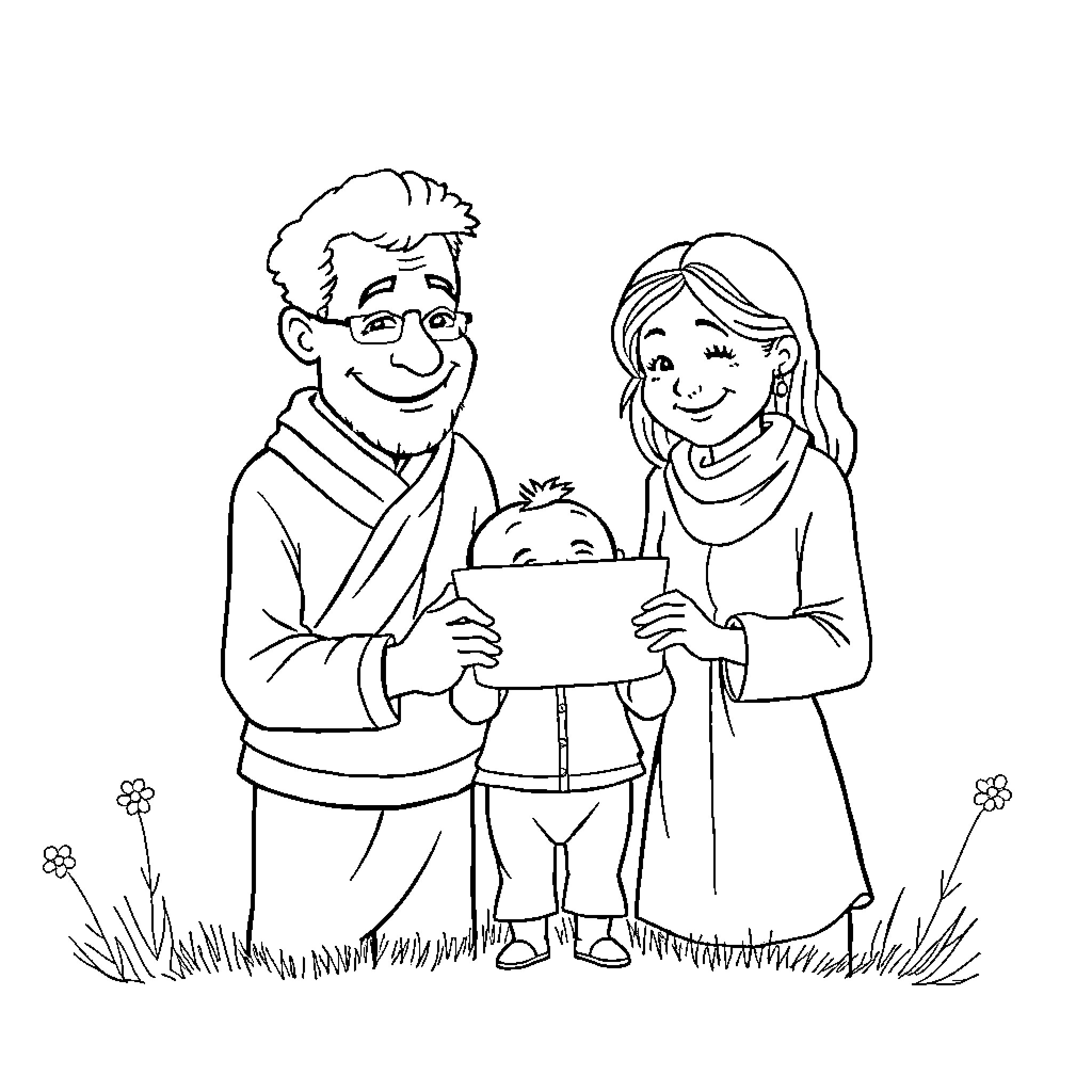 Mère et père aimants avec leur enfant Coloring Page (free black-and-white line drawing printable PDF for all, from beginners to advanced learners, including children, teens, adults, and seniors)