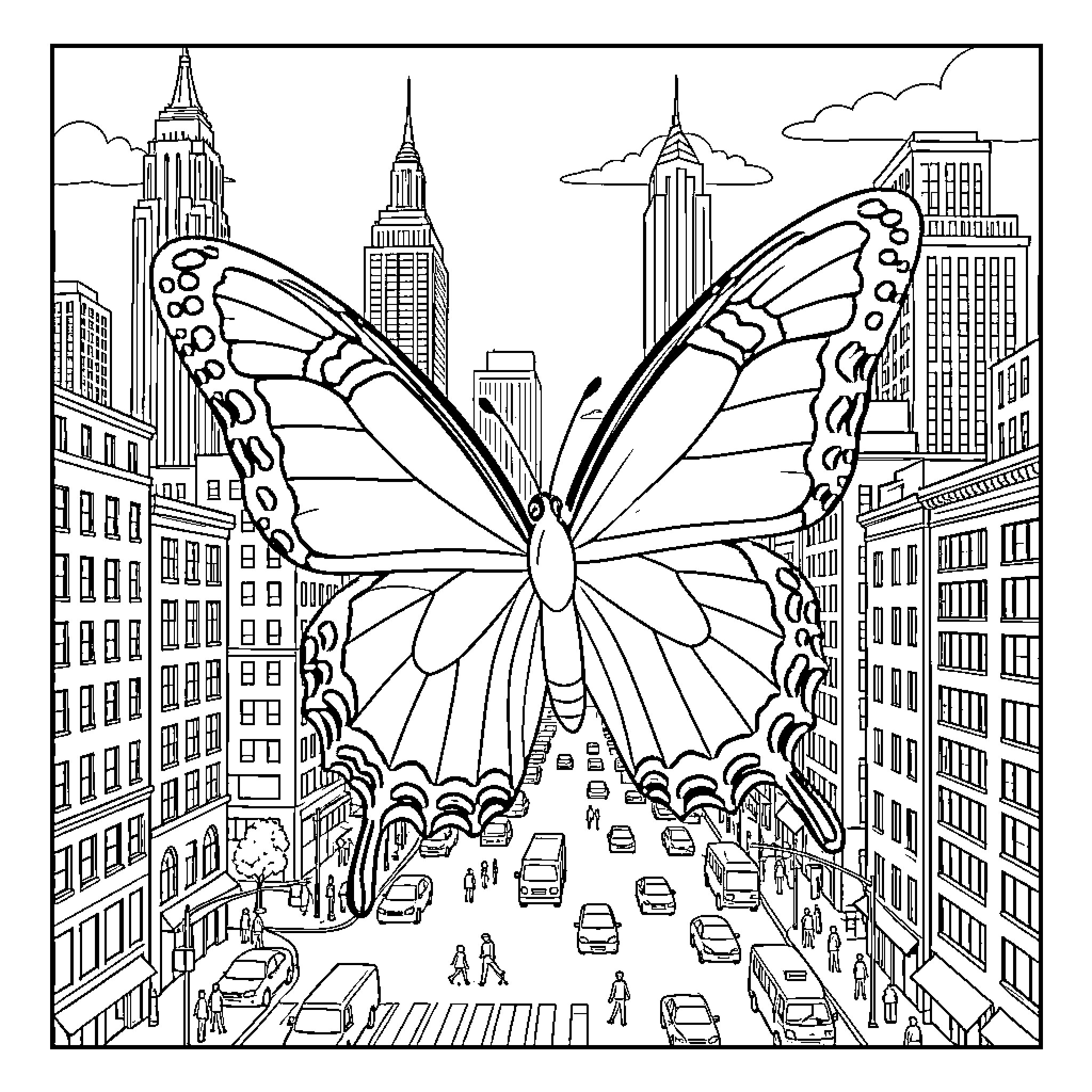 Butterfly flying gracefully over a busy city street Coloring Page (free black-and-white line drawing printable PDF for all, from beginners to advanced learners, including children, teens, adults, and seniors)