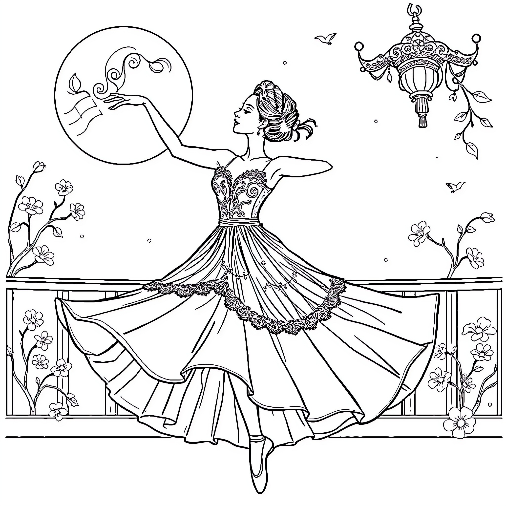 Ballerina gracefully dancing on stage with decorative lanterns Coloring Page (free black-and-white line drawing printable PDF for all, from beginners to advanced learners, including children, teens, adults, and seniors)