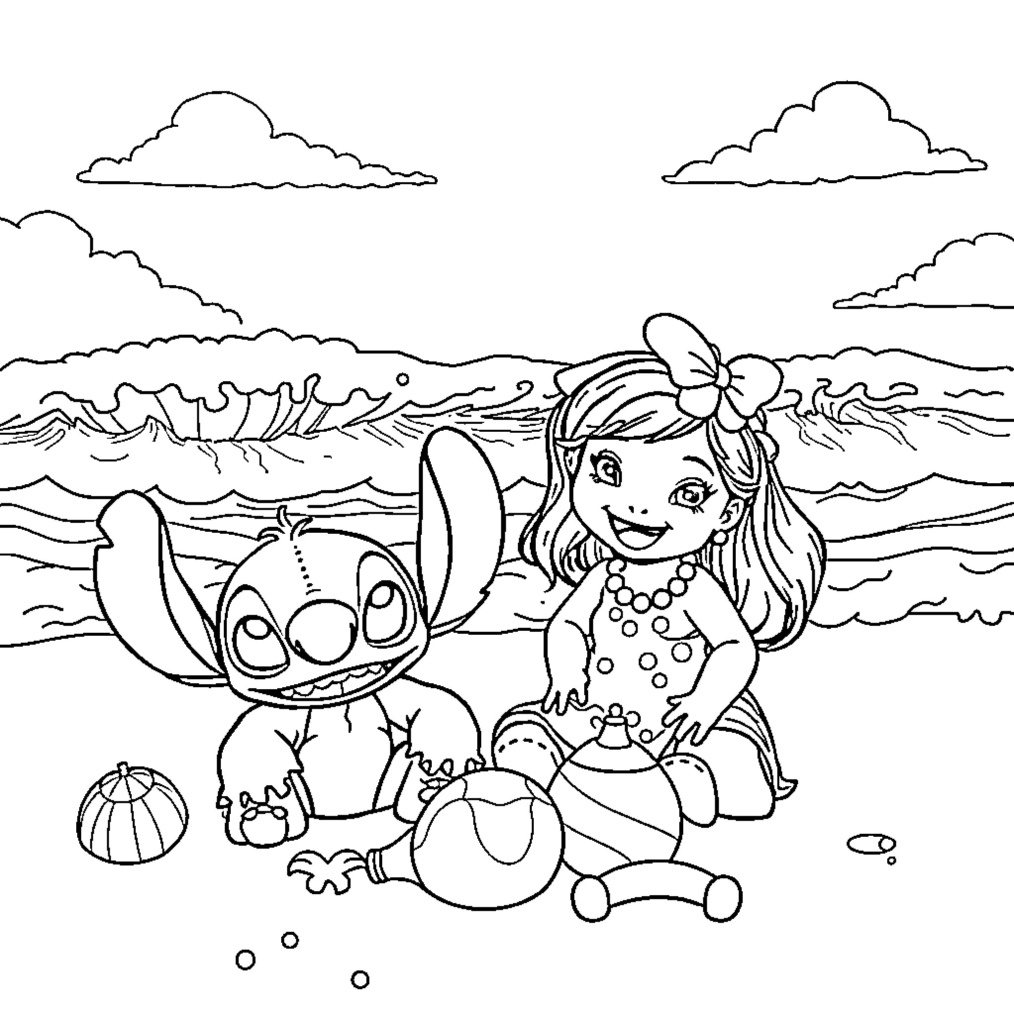 Lilo playing happily with Stitch on the beach Coloring Page (free black-and-white line drawing printable PDF for all, from beginners to advanced learners, including children, teens, adults, and seniors)