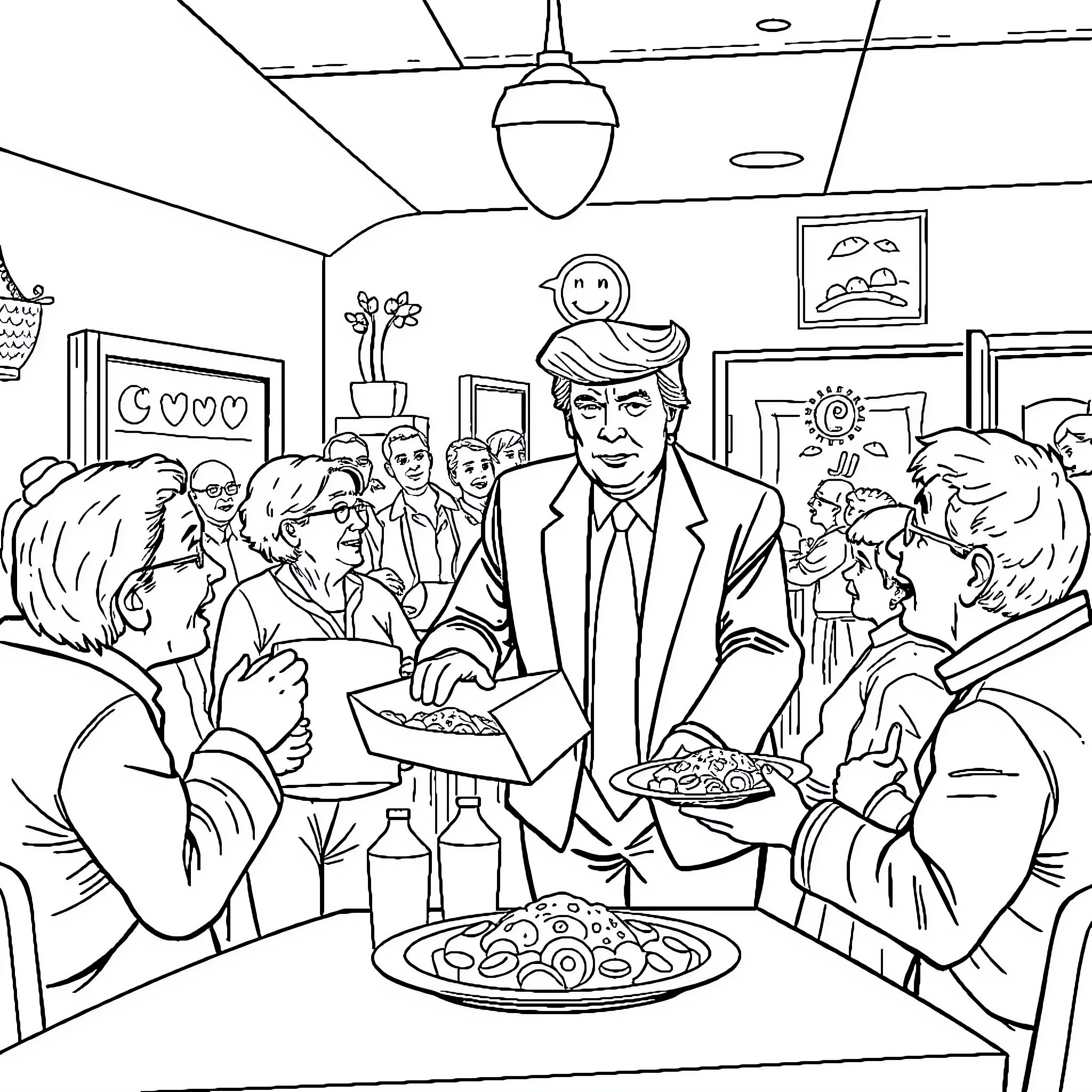 Trump Serving Supporters a Celebratory Meal Coloring Page (free black-and-white line drawing printable PDF for all, from beginners to advanced learners, including children, teens, adults, and seniors)