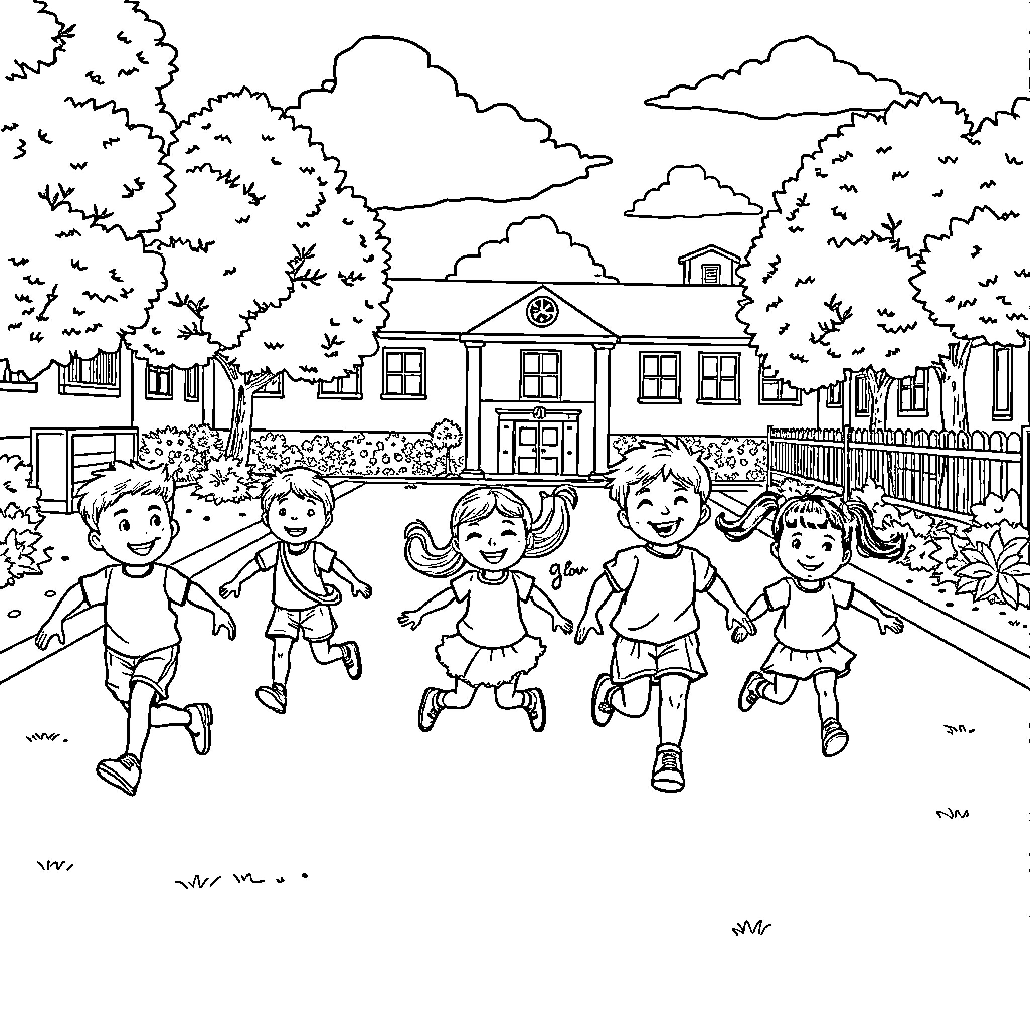 Children playing happily in a neighborhood Coloring Page (free black-and-white line drawing printable PDF for all, from beginners to advanced learners, including children, teens, adults, and seniors)