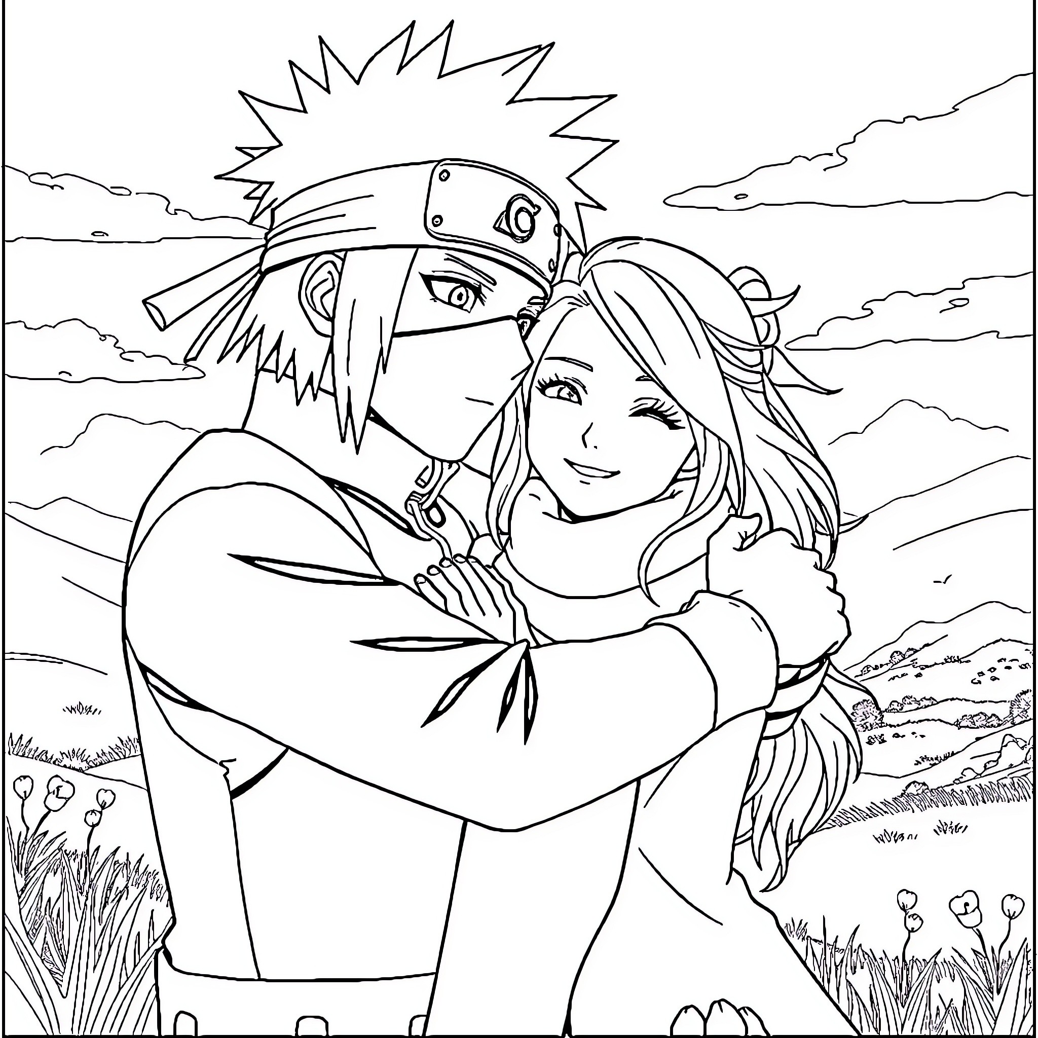 Kakashi and Sakura sharing a heartfelt moment in the outdoors Coloring Page (free black-and-white line drawing printable PDF for all, from beginners to advanced learners, including children, teens, adults, and seniors)