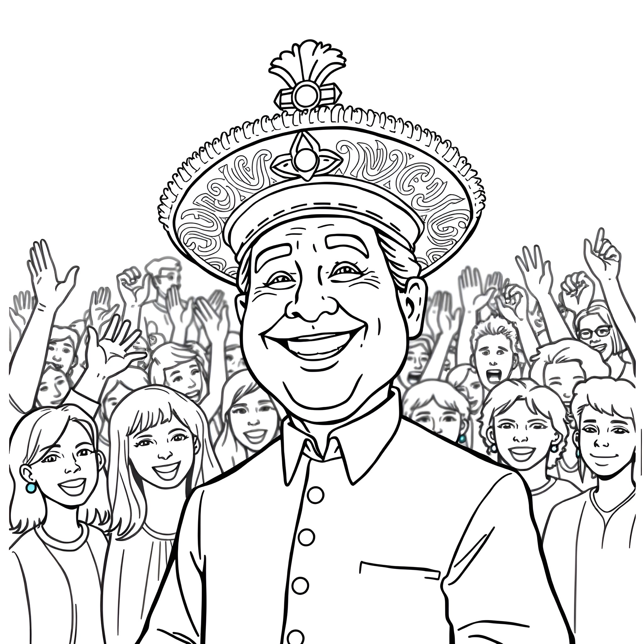 Trump Smiling Amid Adoring Crowd in Elaborate Hat Coloring Page (free black-and-white line drawing printable PDF for all, from beginners to advanced learners, including children, teens, adults, and seniors)