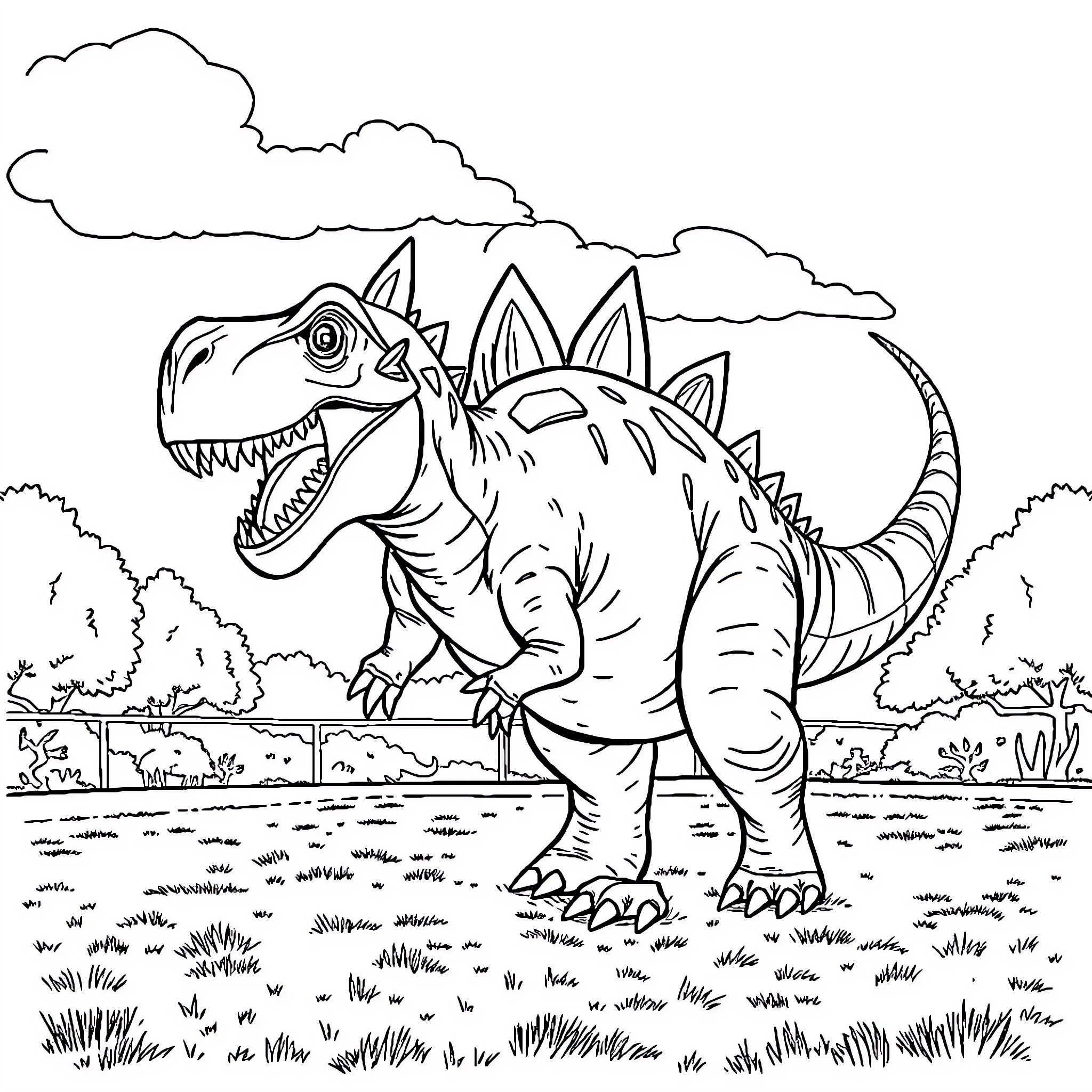 Spinosaurus roaming in prehistoric landscape Coloring Page (free black-and-white line drawing printable PDF for all, from beginners to advanced learners, including children, teens, adults, and seniors)