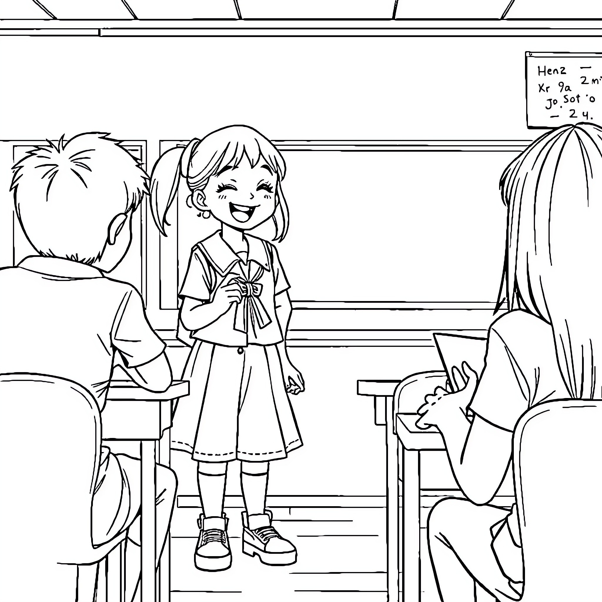 School Girl Laughing and Smiling in Classroom Coloring Page (free black-and-white line drawing printable PDF for all, from beginners to advanced learners, including children, teens, adults, and seniors)