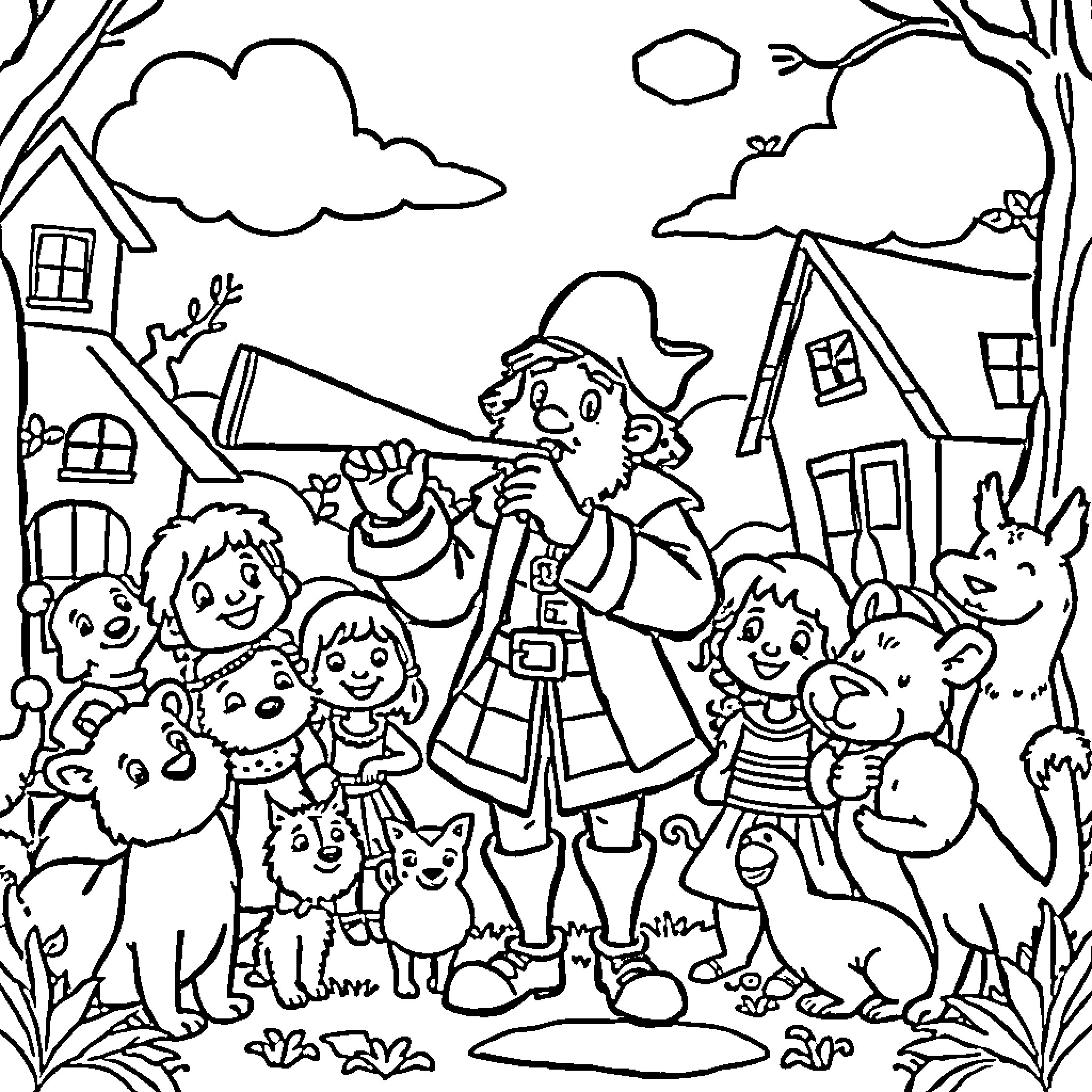 Pied Piper leading a group of children and animals through a village Coloring Page (free black-and-white line drawing printable PDF for all, from beginners to advanced learners, including children, teens, adults, and seniors)