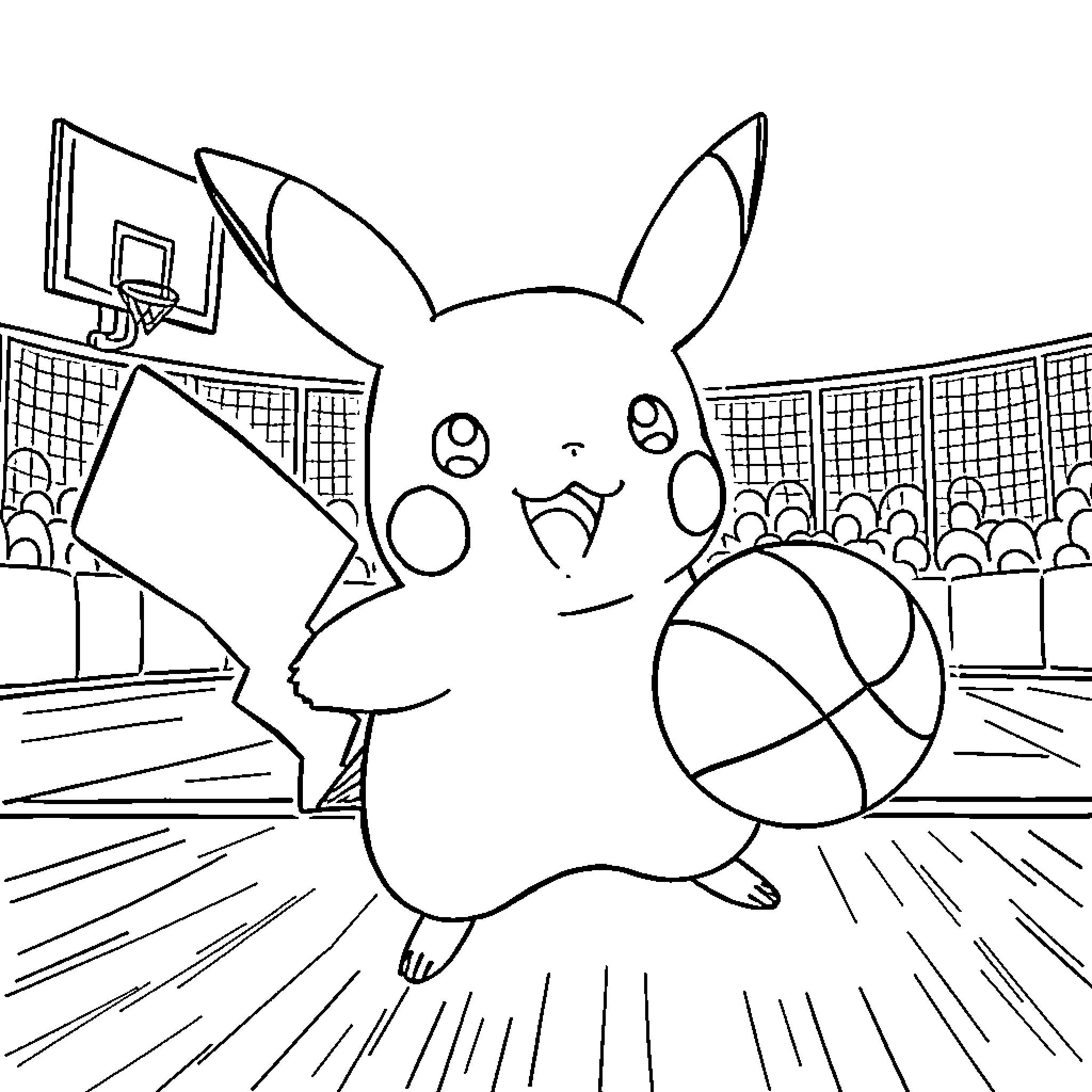 Pikachu playing basketball on the court Coloring Page (free black-and-white line drawing printable PDF for all, from beginners to advanced learners, including children, teens, adults, and seniors)