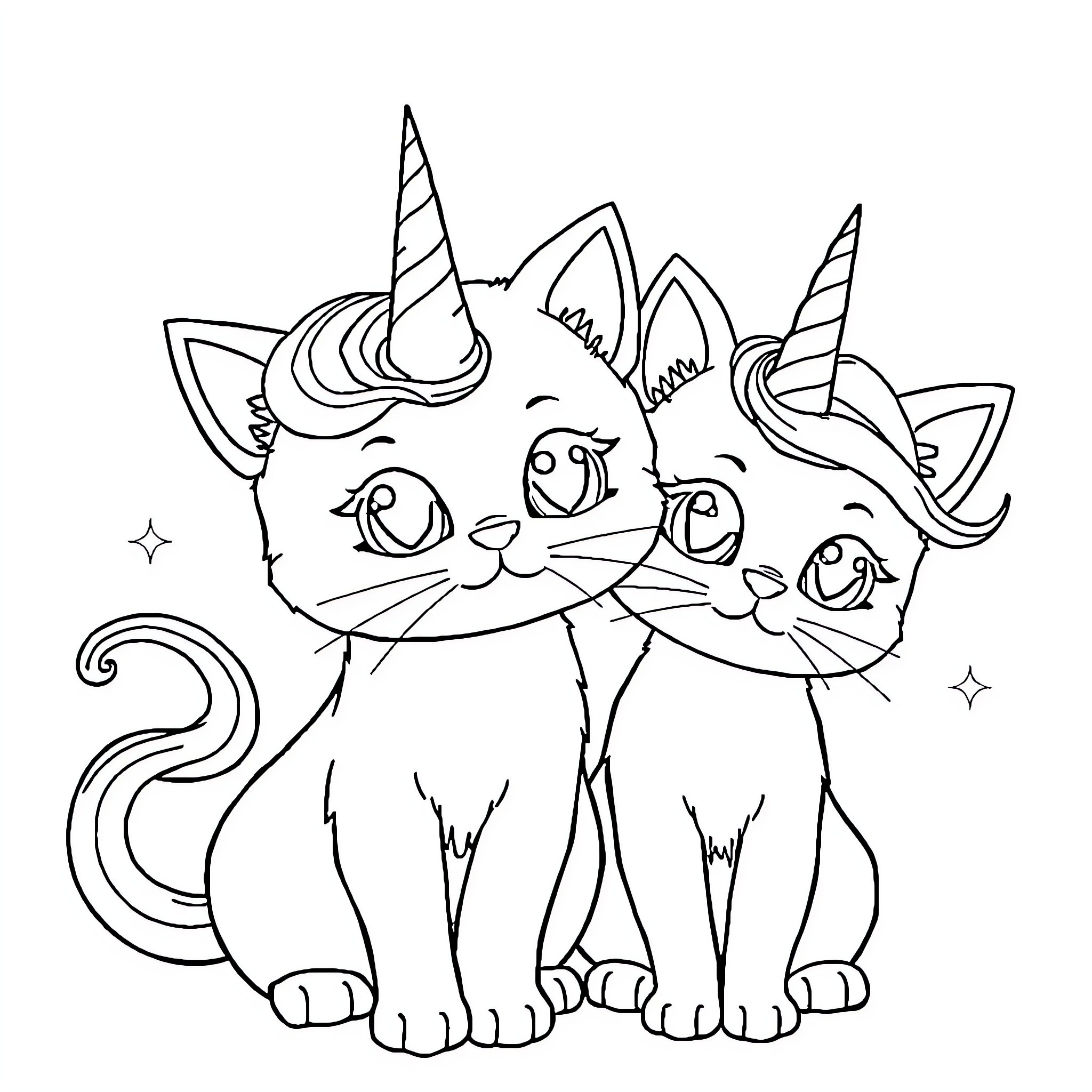 Unicorn Cats Posing Playfully Together Coloring Page (free black-and-white line drawing printable PDF for all, from beginners to advanced learners, including children, teens, adults, and seniors)