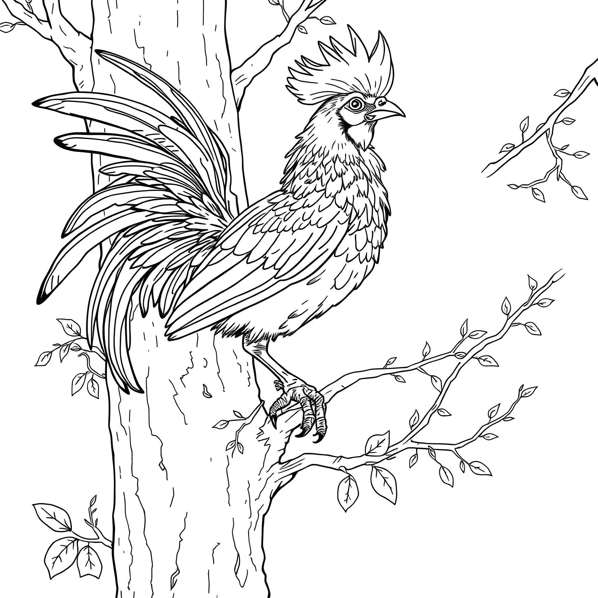 Guianan Cock of the Rock perched on a tree branch Coloring Page (free black-and-white line drawing printable PDF for all, from beginners to advanced learners, including children, teens, adults, and seniors)