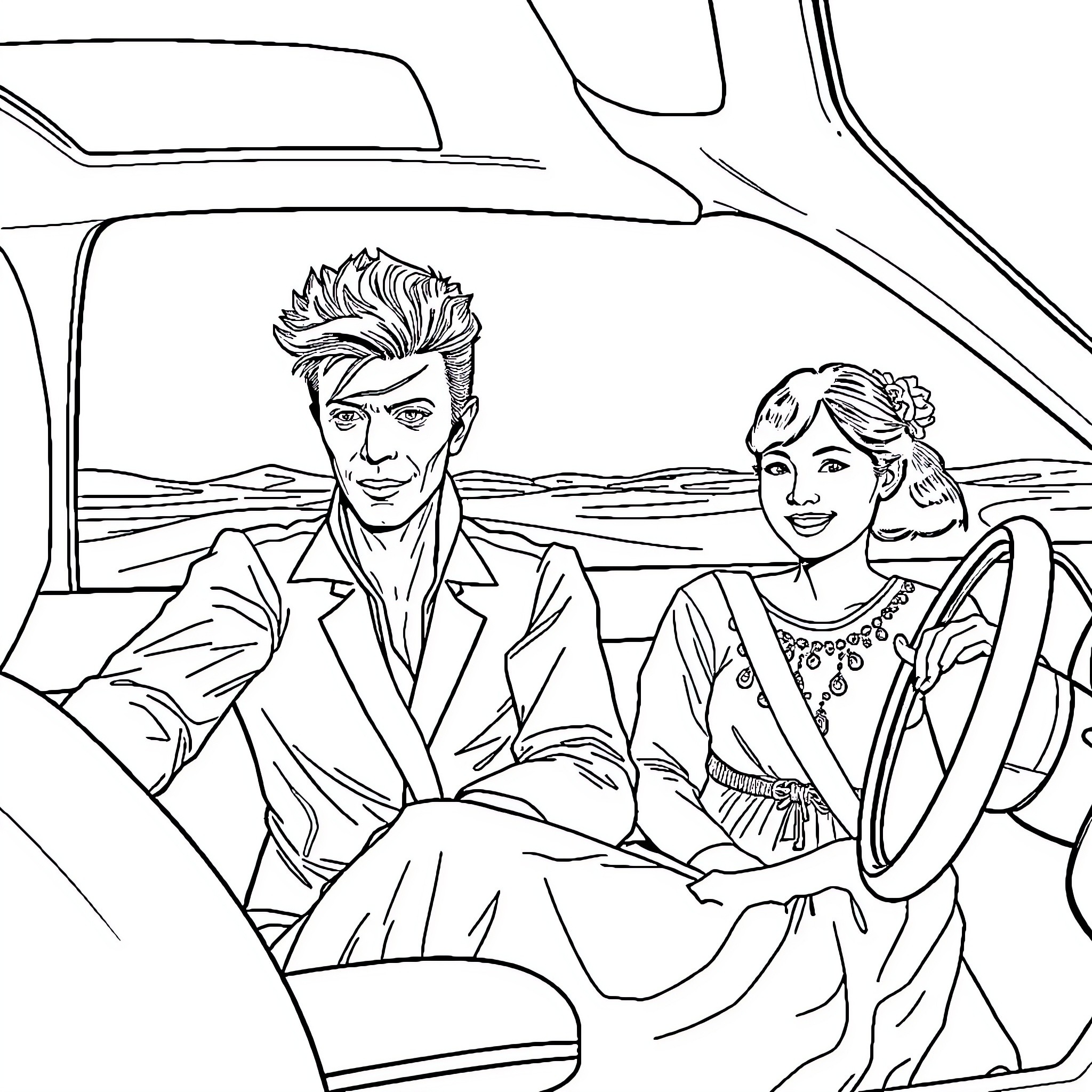 David Bowie and companion in classic car on road trip Coloring Page (free black-and-white line drawing printable PDF for all, from beginners to advanced learners, including children, teens, adults, and seniors)