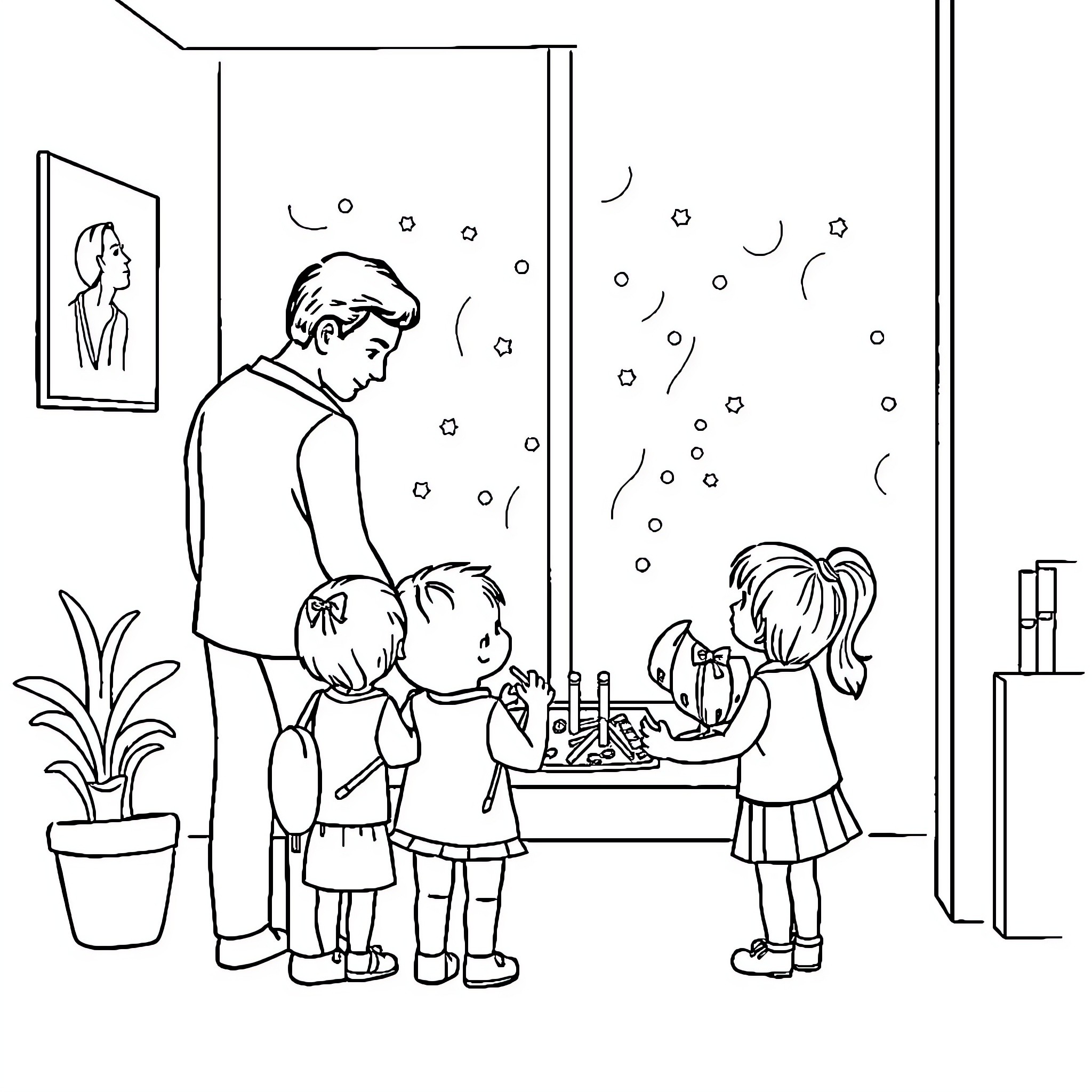 Child plays with bubbles with family at home Coloring Page (free black-and-white line drawing printable PDF for all, from beginners to advanced learners, including children, teens, adults, and seniors)