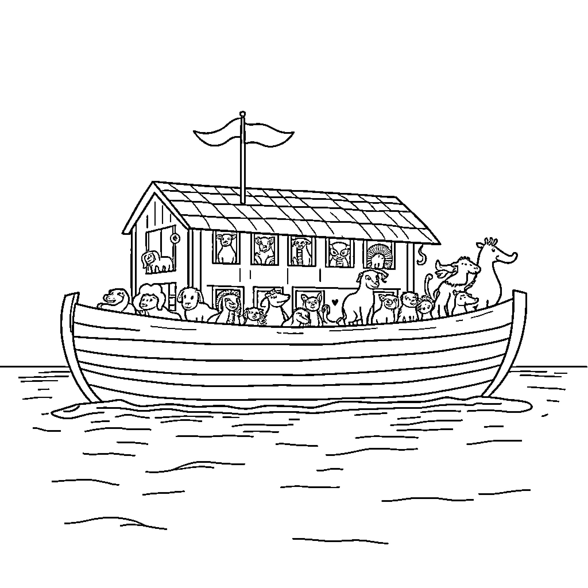 Noah's Ark Filled with Animals and Passengers Coloring Page (free black-and-white line drawing printable PDF for all, from beginners to advanced learners, including children, teens, adults, and seniors)