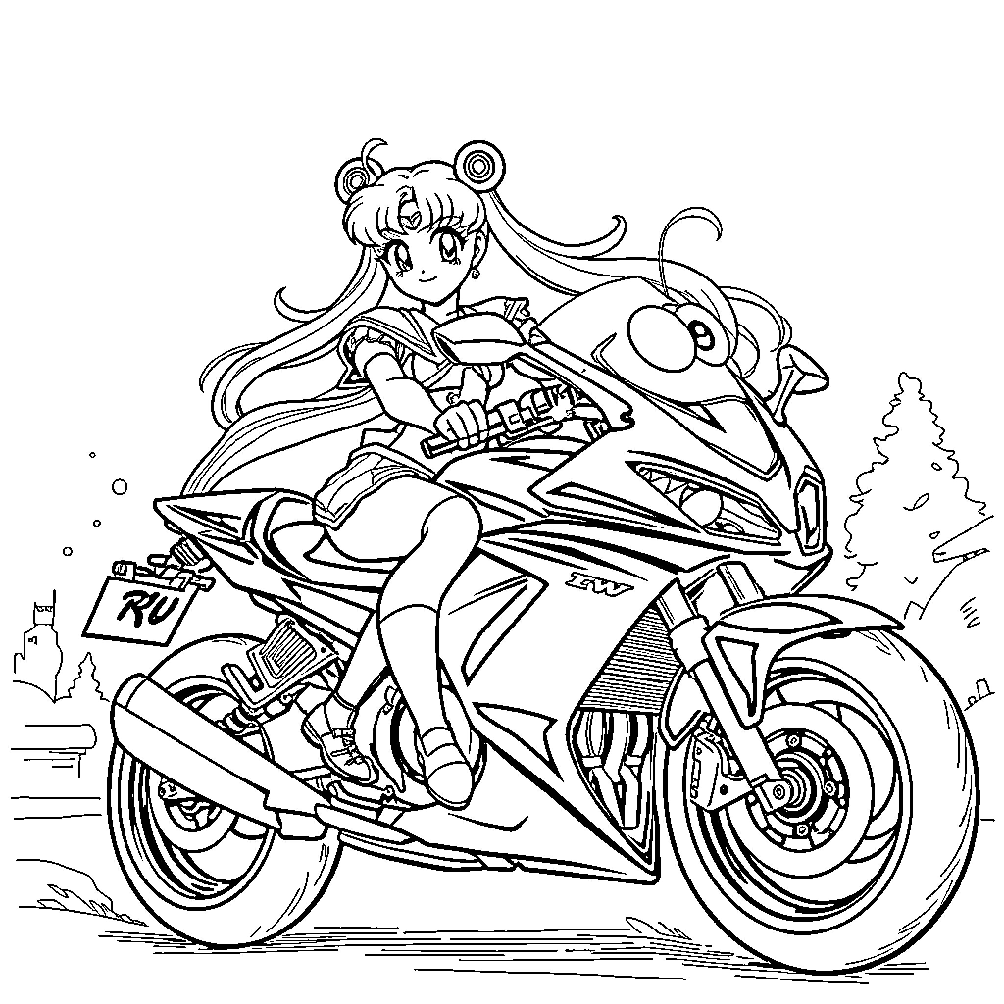 Sailor Moon riding a fast motorcycle Coloring Page (free black-and-white line drawing printable PDF for all, from beginners to advanced learners, including children, teens, adults, and seniors)