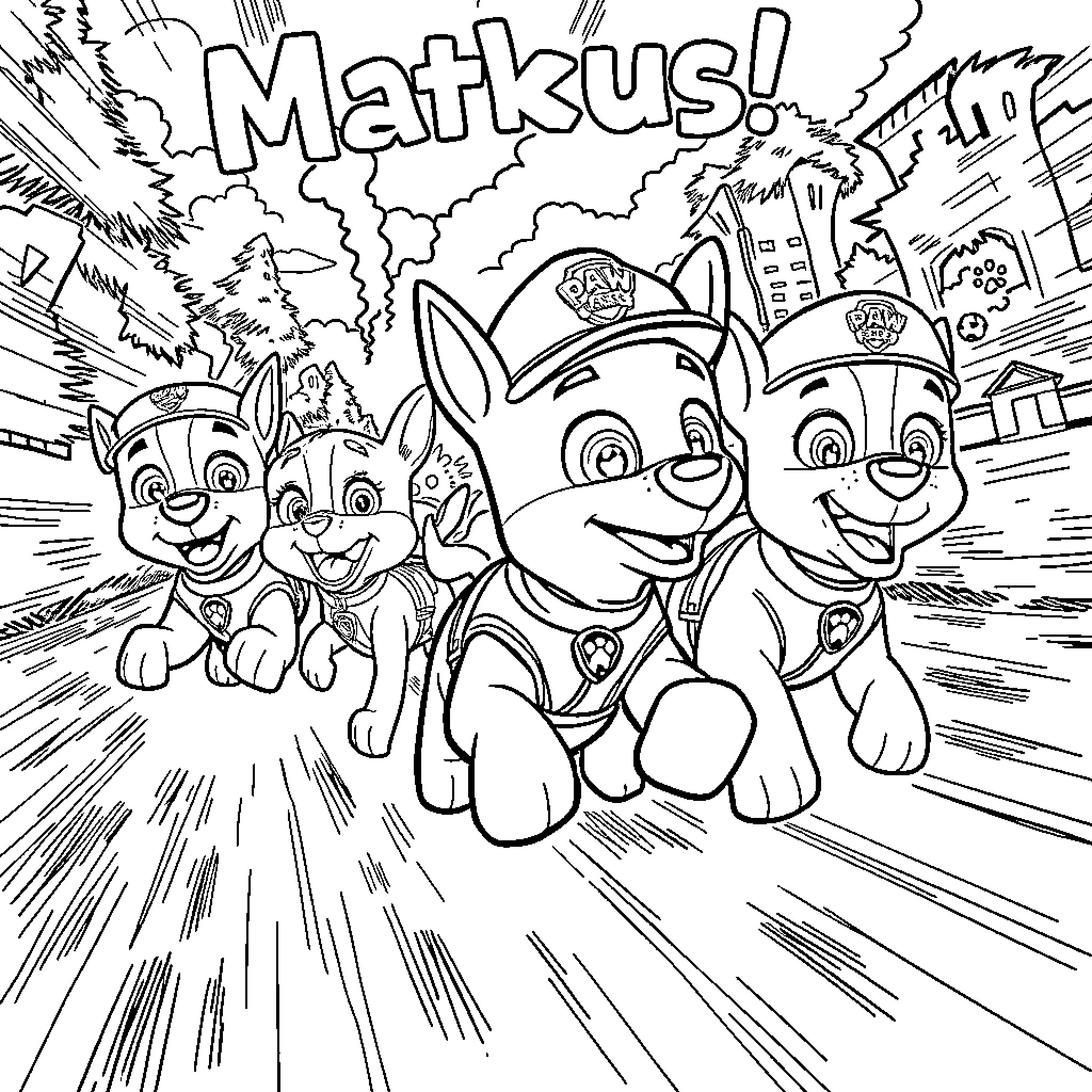 Chase Through the City with Excited Pups Coloring Page (free black-and-white line drawing printable PDF for all, from beginners to advanced learners, including children, teens, adults, and seniors)