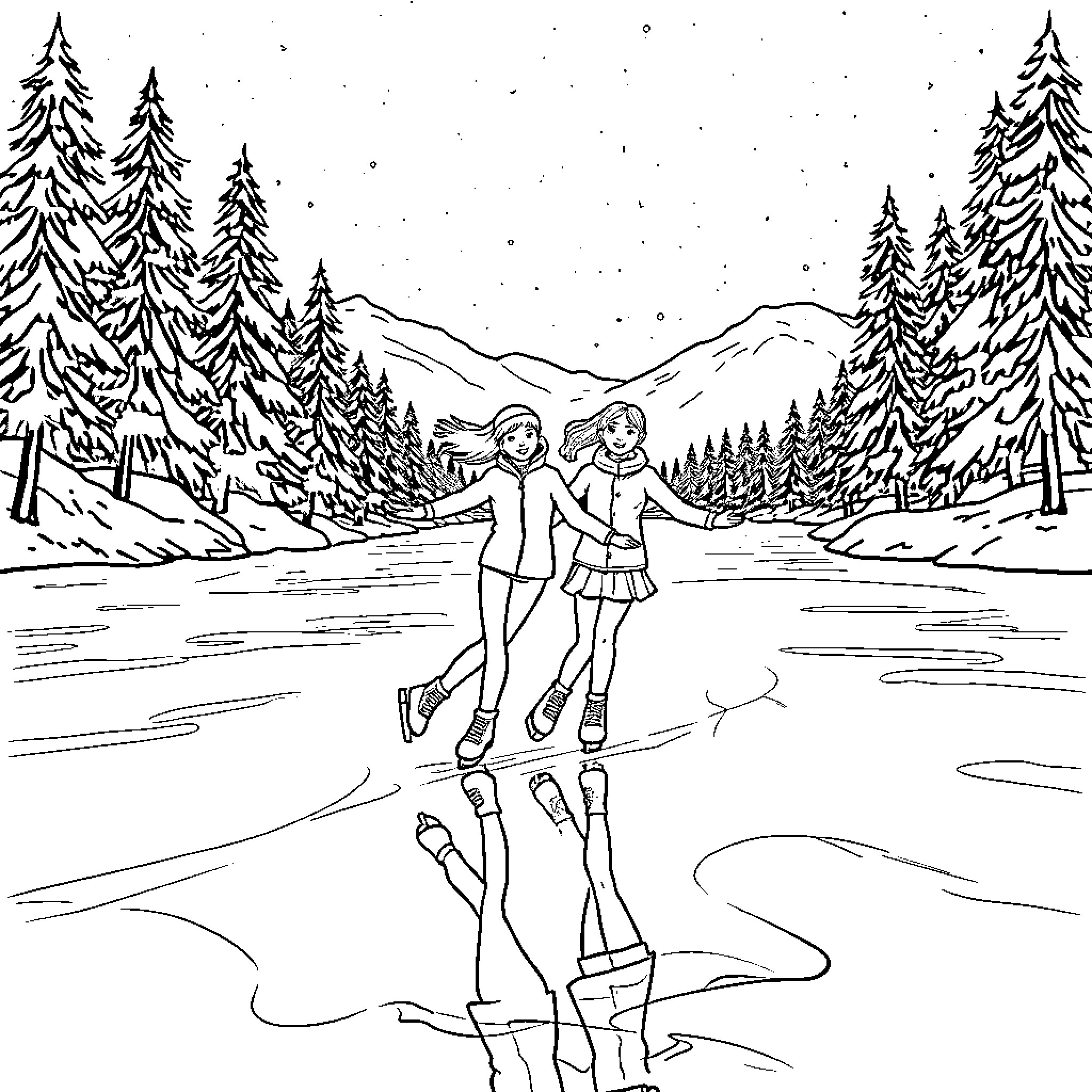 Figure Skaters Gliding on Frozen Lake in Snowy Forest Coloring Page (free black-and-white line drawing printable PDF for all, from beginners to advanced learners, including children, teens, adults, and seniors)