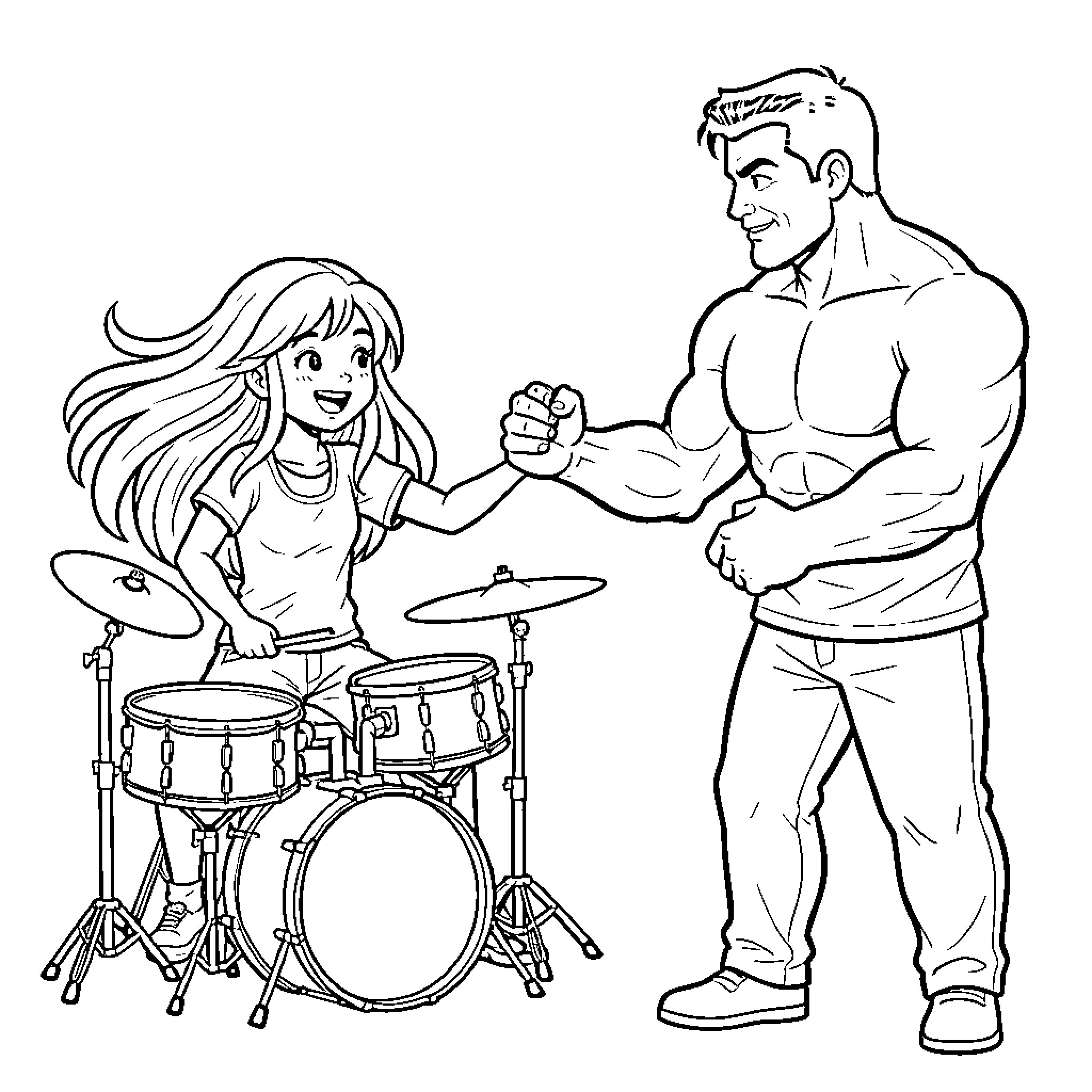 Girl Rocks Out with Muscular Man Coloring Page (free black-and-white line drawing printable PDF for all, from beginners to advanced learners, including children, teens, adults, and seniors)