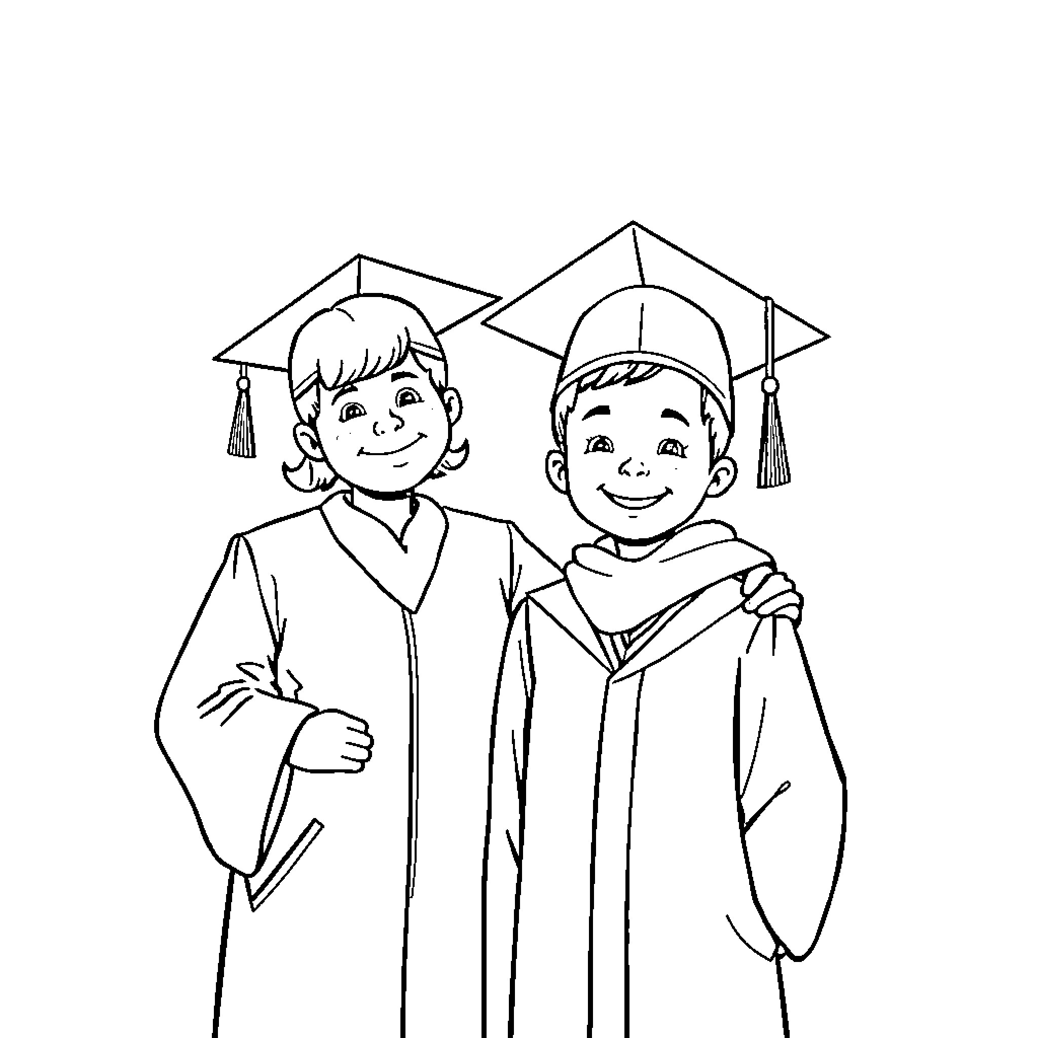 Teacher assisting students at graduation ceremony Coloring Page (free black-and-white line drawing printable PDF for all, from beginners to advanced learners, including children, teens, adults, and seniors)