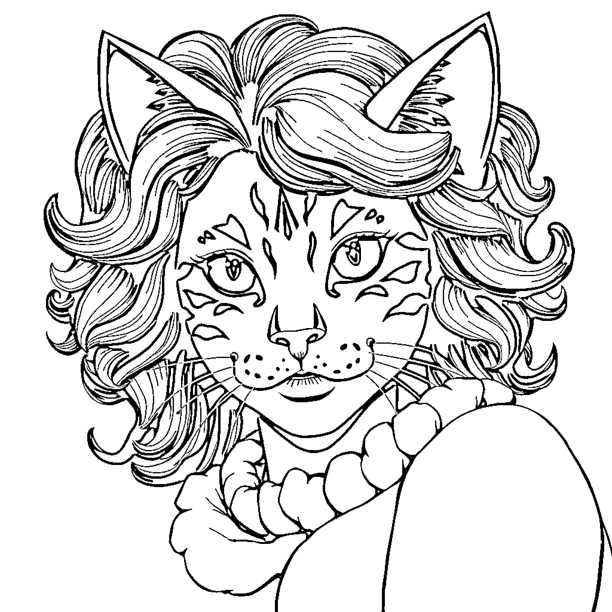 Kaicenet: Fantastical Cat-like Creature with Elaborate Headpiece Coloring Page (free black-and-white line drawing printable PDF for all, from beginners to advanced learners, including children, teens, adults, and seniors)