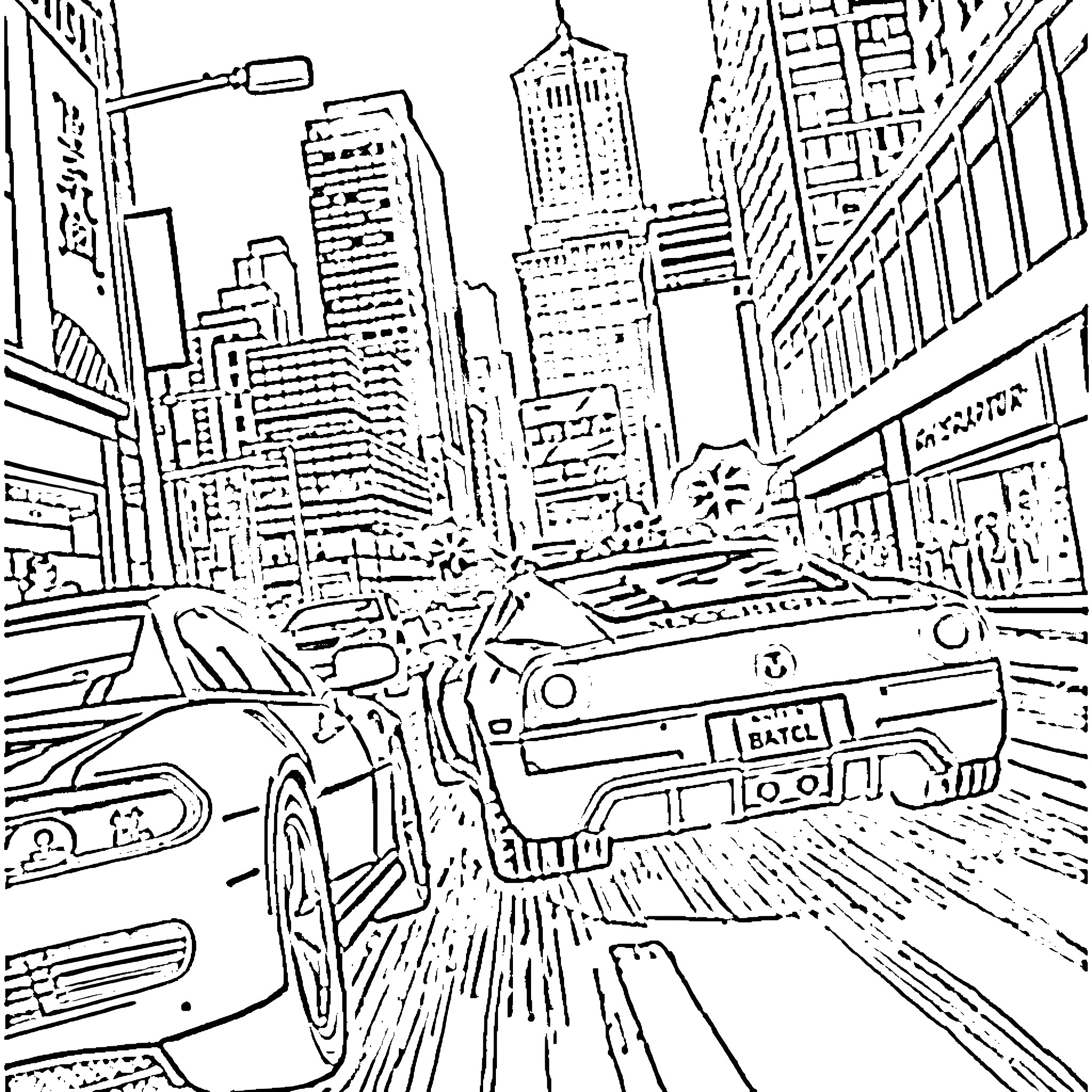 Grand Theft Auto: High-Speed Chase Through City Streets Coloring Page (free black-and-white line drawing printable PDF for all, from beginners to advanced learners, including children, teens, adults, and seniors)