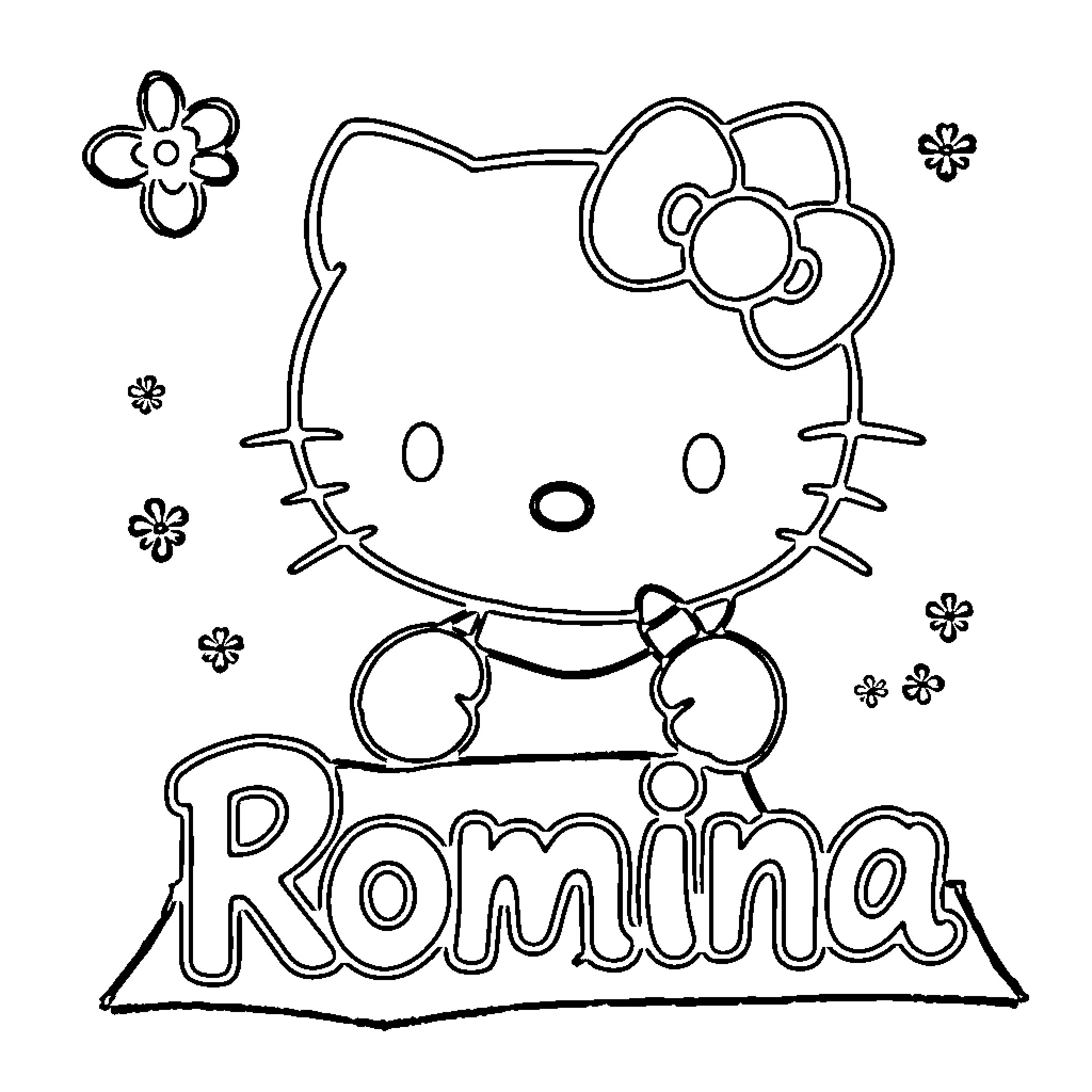 Hello Kitty playing with flowers and name Coloring Page (free black-and-white line drawing printable PDF for all, from beginners to advanced learners, including children, teens, adults, and seniors)