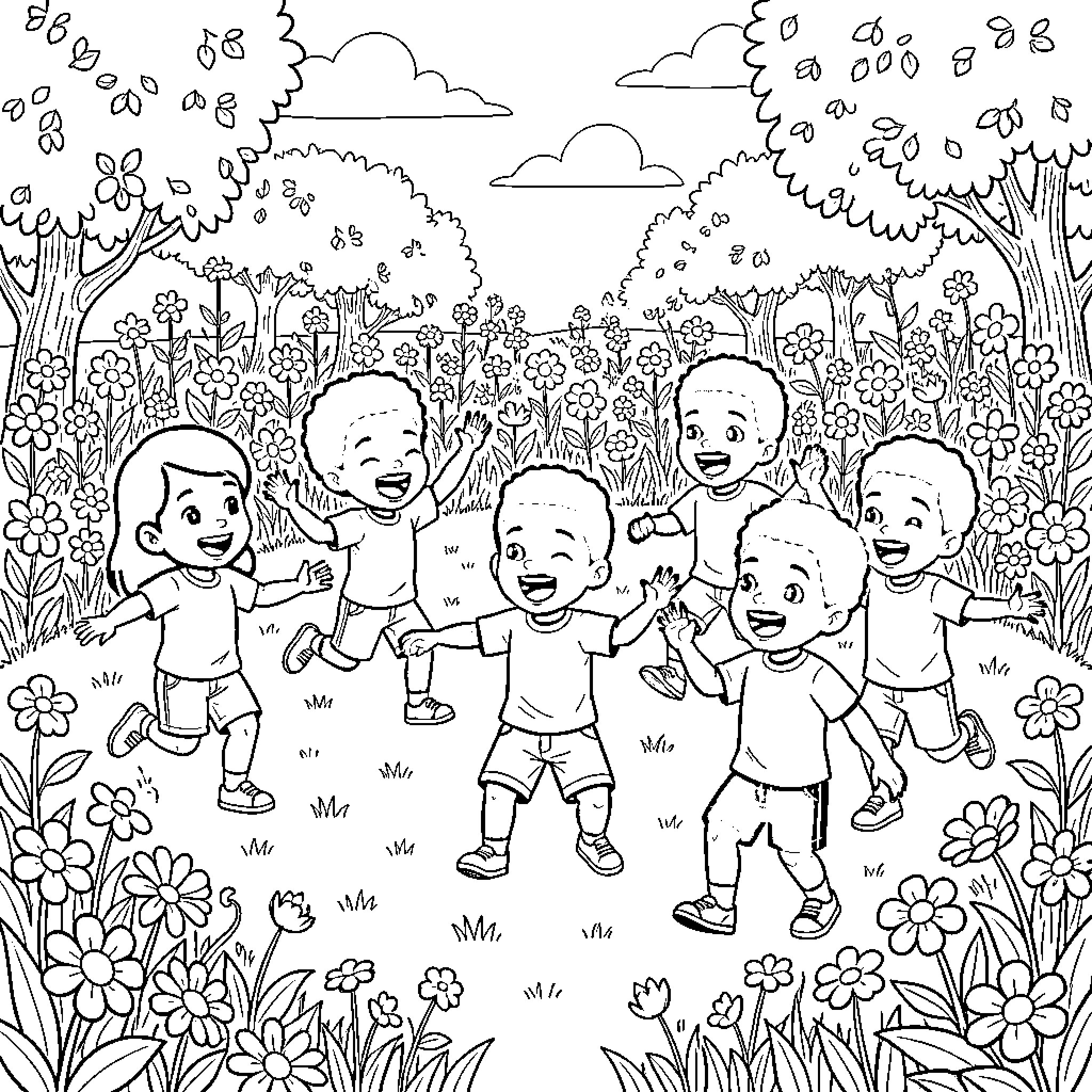 Kids playing joyfully in a lush garden Coloring Page (free black-and-white line drawing printable PDF for all, from beginners to advanced learners, including children, teens, adults, and seniors)
