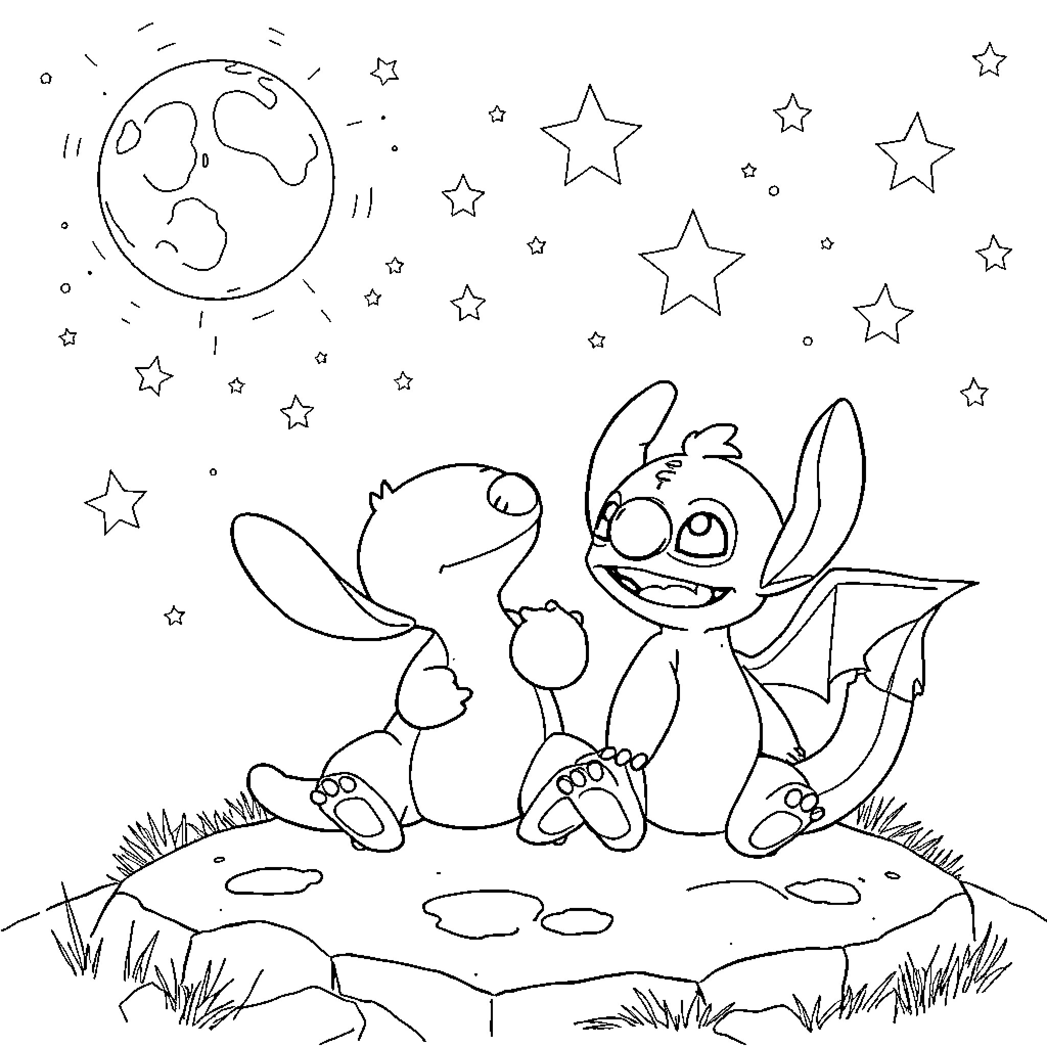 Charmander exploring the starry night sky Coloring Page (free black-and-white line drawing printable PDF for all, from beginners to advanced learners, including children, teens, adults, and seniors)