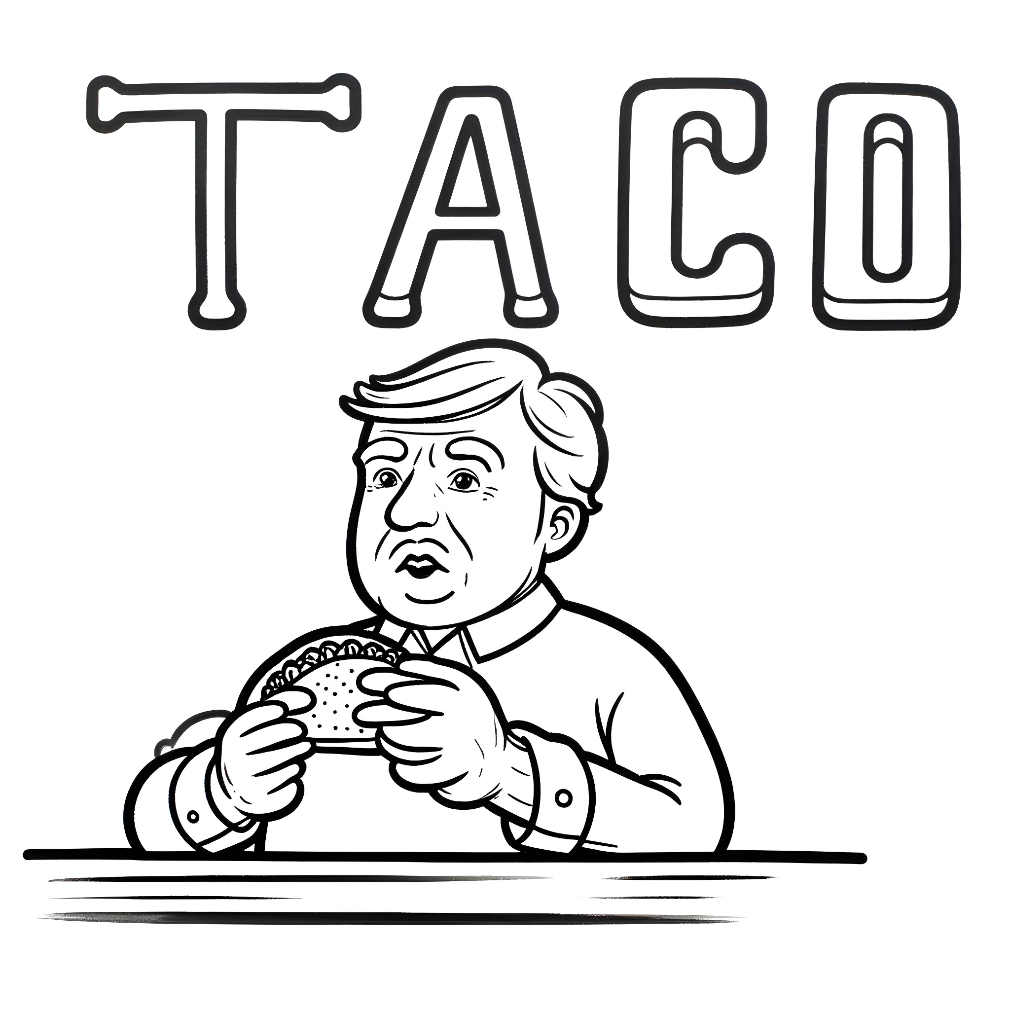 Donald Trump Eating a Taco Coloring Page (free black-and-white line drawing printable PDF for all, from beginners to advanced learners, including children, teens, adults, and seniors)