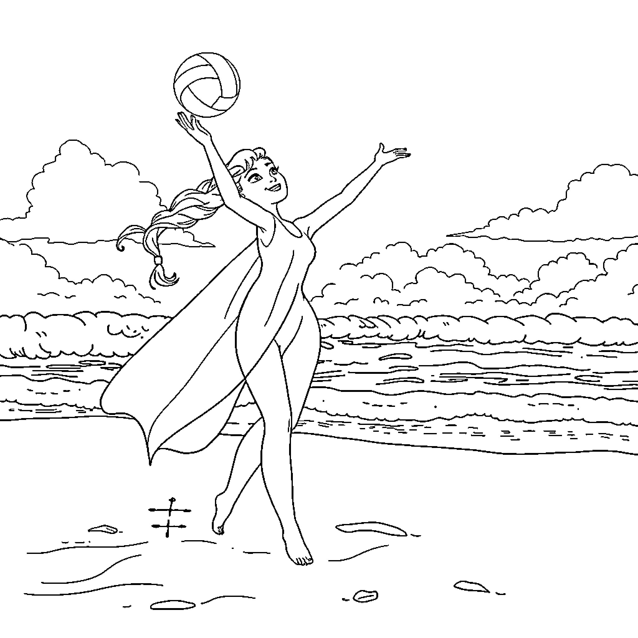 Elsa playing joyfully with volleyball on the beach Coloring Page (free black-and-white line drawing printable PDF for all, from beginners to advanced learners, including children, teens, adults, and seniors)