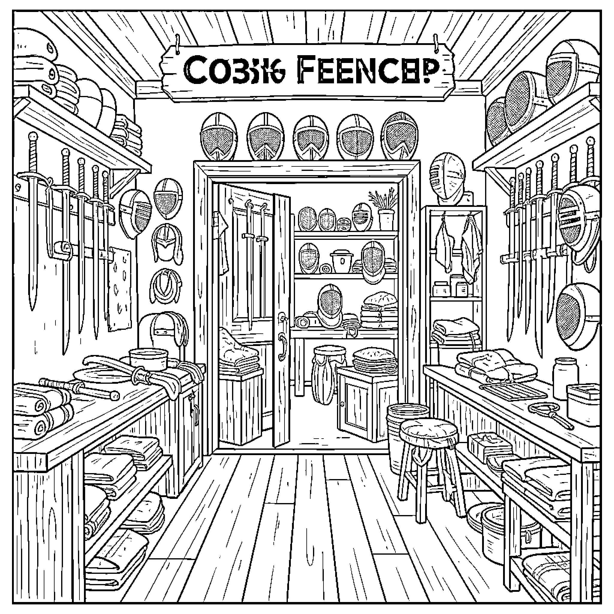 Fencer Equipment and Supplies Store Coloring Page (free black-and-white line drawing printable PDF for all, from beginners to advanced learners, including children, teens, adults, and seniors)