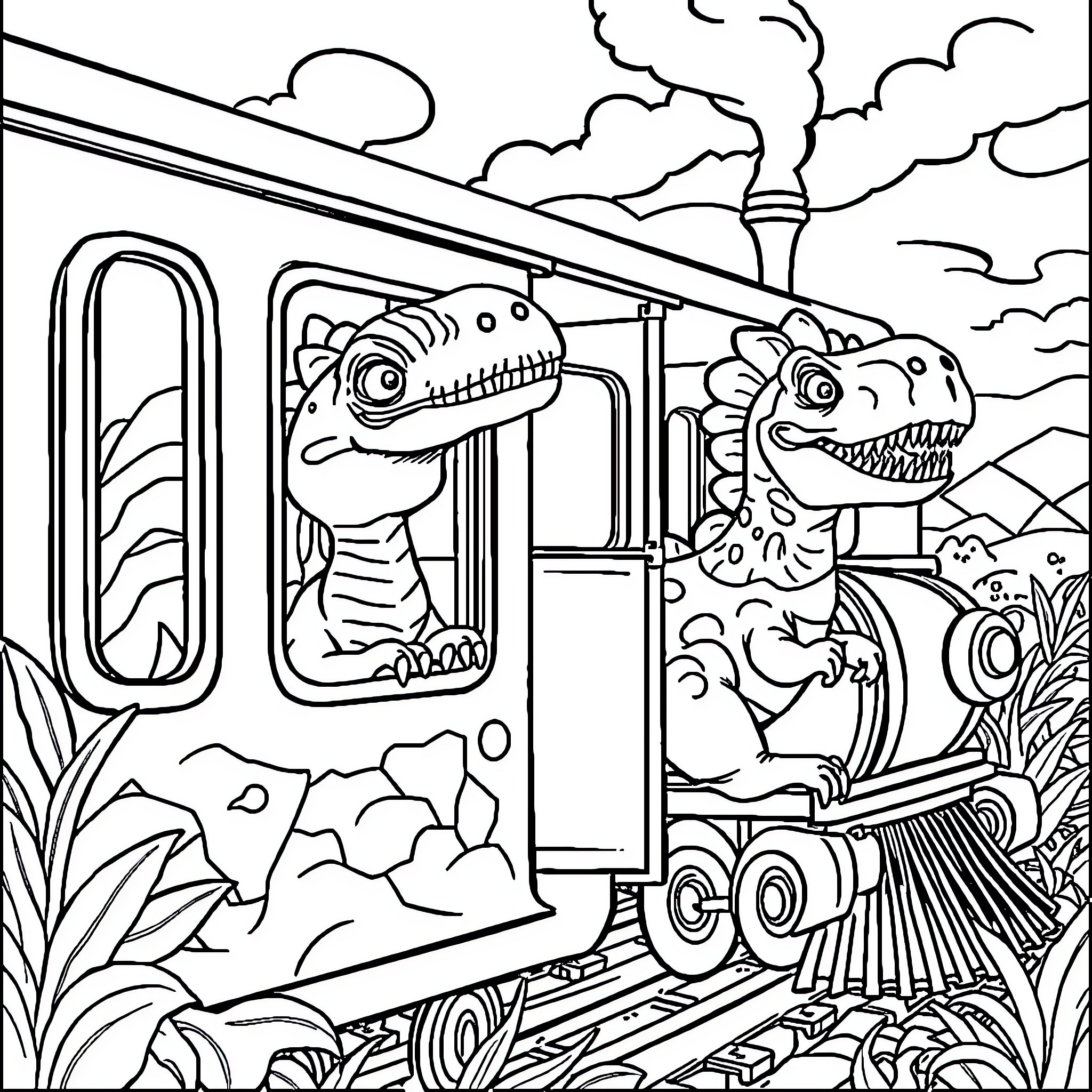 Dinosaurs riding a train through the jungle Coloring Page (free black-and-white line drawing printable PDF for all, from beginners to advanced learners, including children, teens, adults, and seniors)