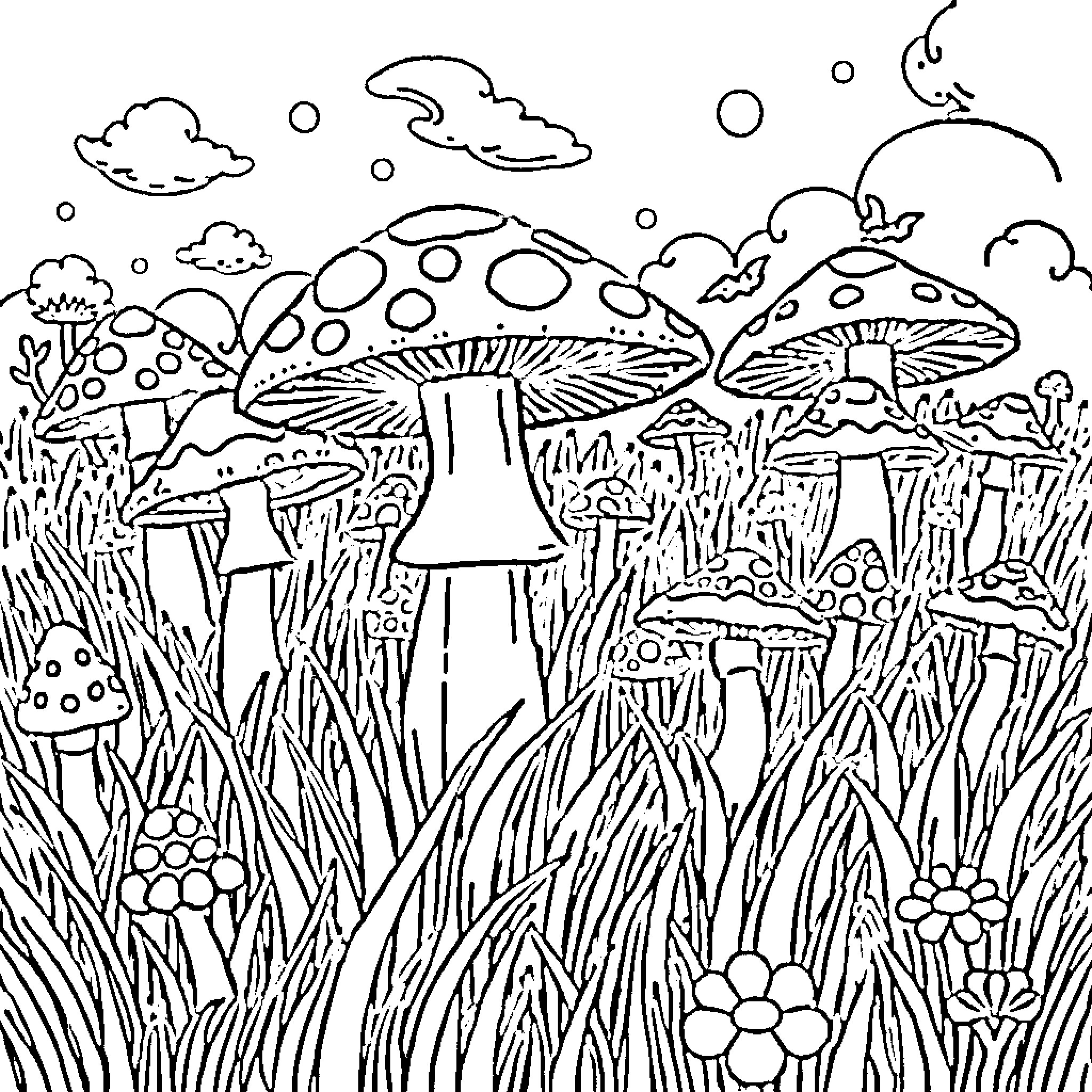 Mushroom Fantasy Landscape with Whimsical Elements Coloring Page (free black-and-white line drawing printable PDF for all, from beginners to advanced learners, including children, teens, adults, and seniors)