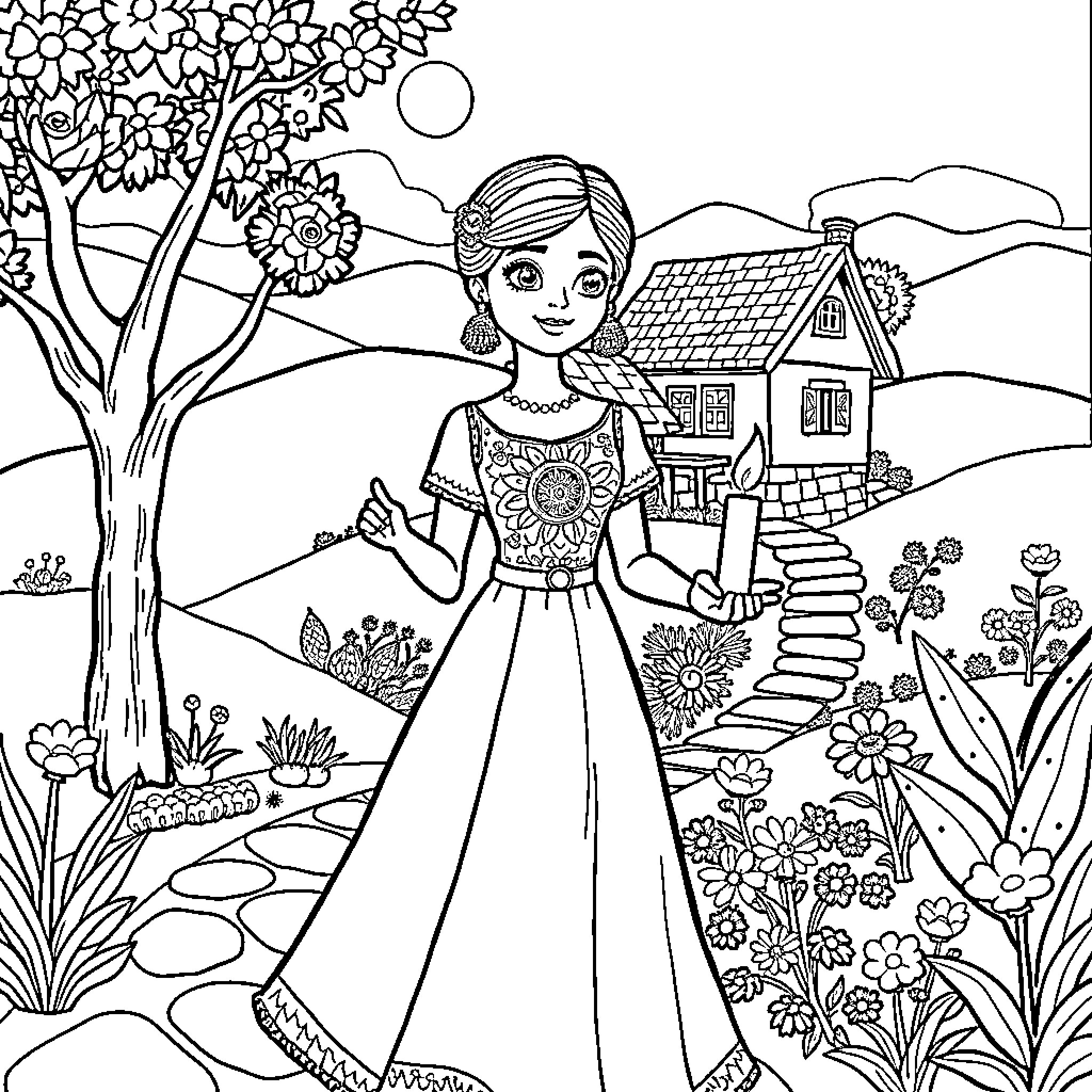 Mirabel exploring the beautiful flower garden Coloring Page (free black-and-white line drawing printable PDF for all, from beginners to advanced learners, including children, teens, adults, and seniors)