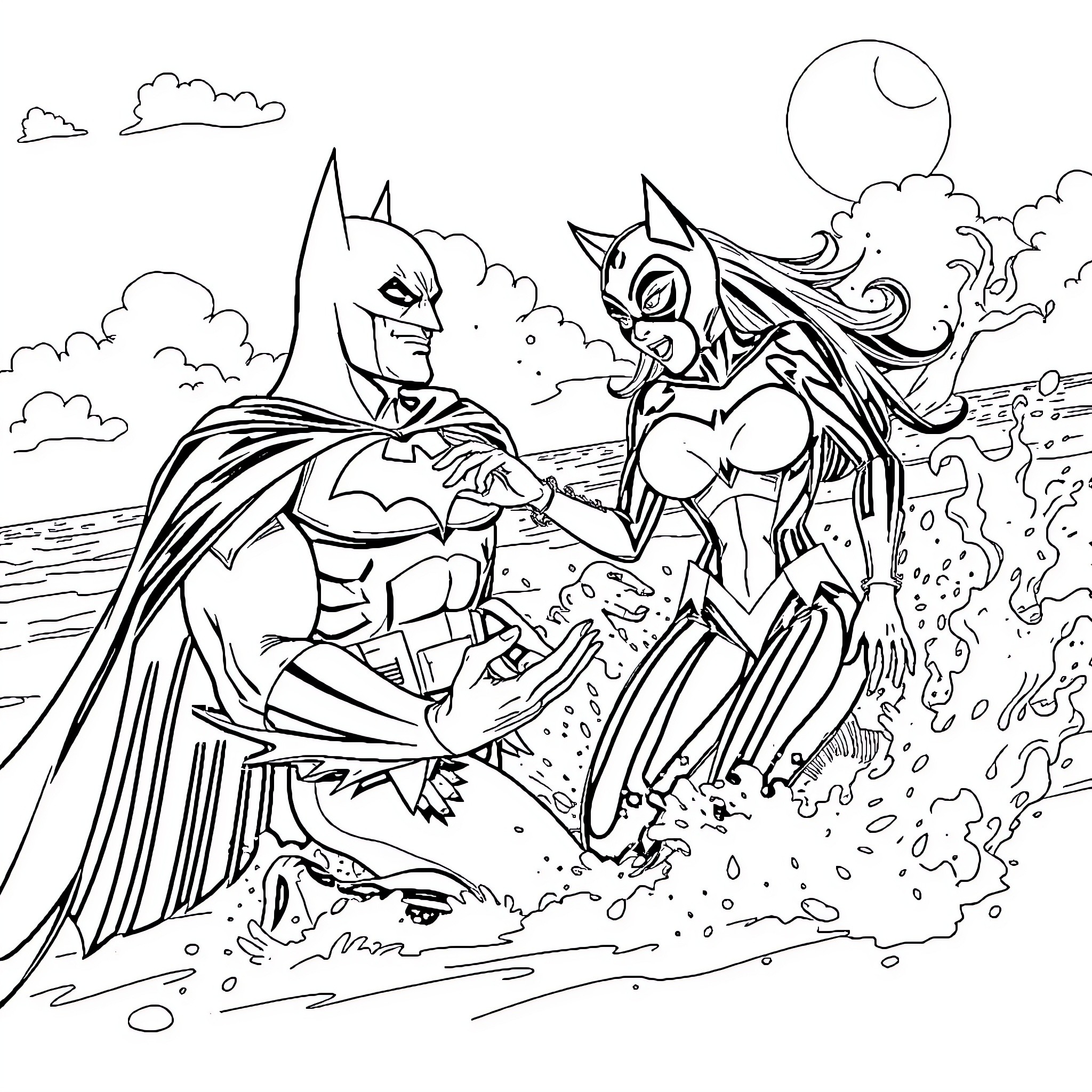 Batman battles a mysterious supervillain in an epic confrontation Coloring Page (free black-and-white line drawing printable PDF for all, from beginners to advanced learners, including children, teens, adults, and seniors)