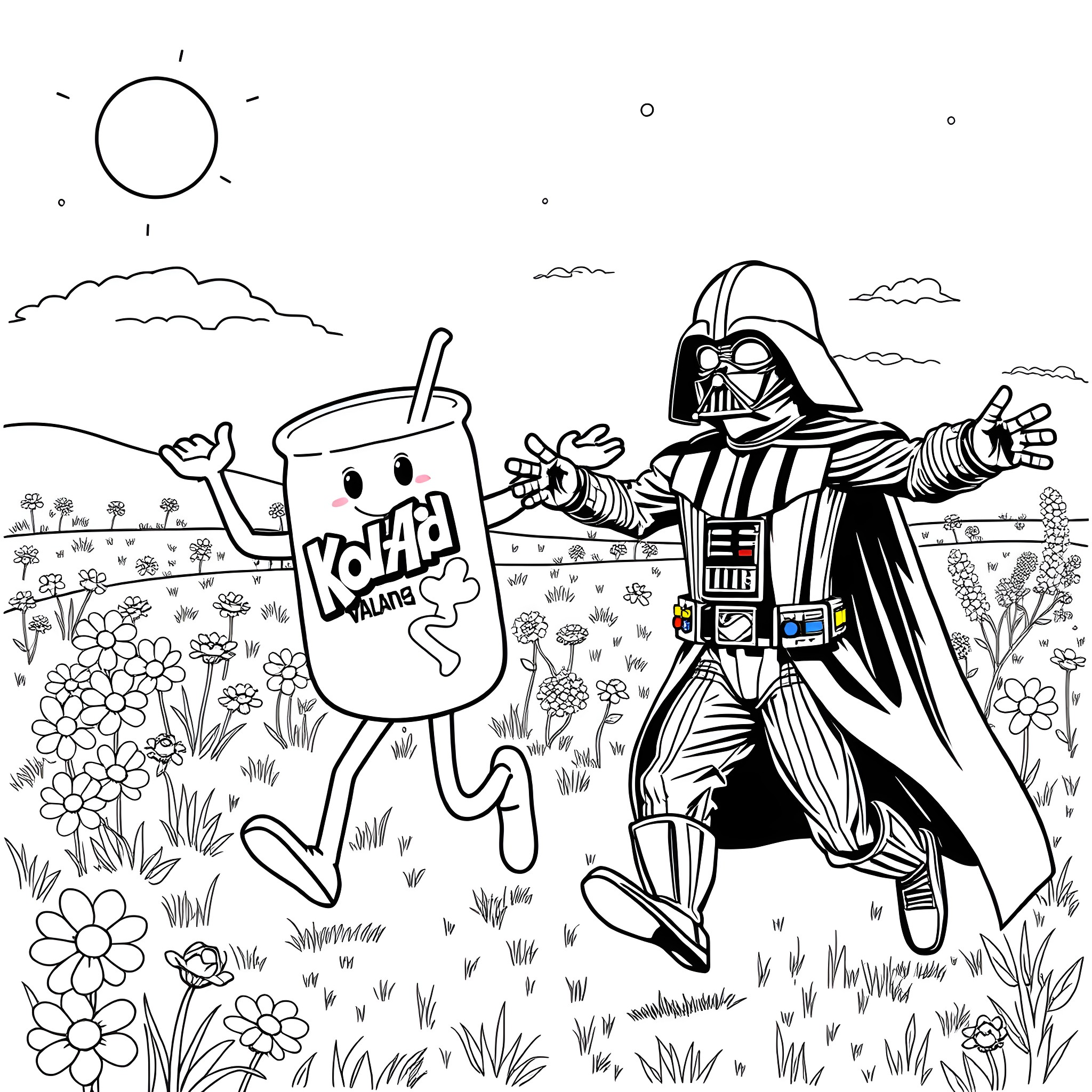 Darth Vader battling a playful drinks container in a floral landscape Coloring Page (free black-and-white line drawing printable PDF for all, from beginners to advanced learners, including children, teens, adults, and seniors)