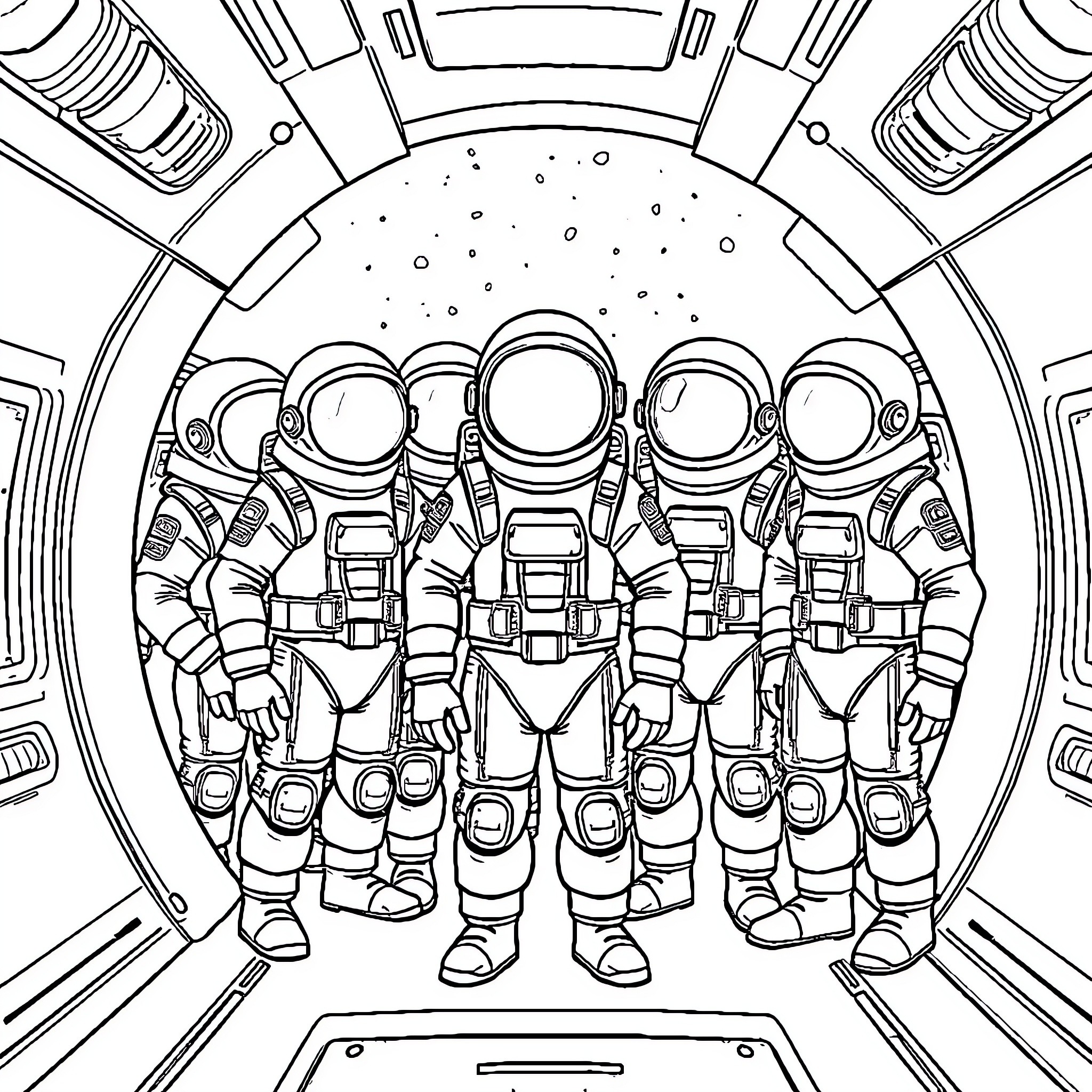 Among Us Astronauts Exploring the Cosmos Coloring Page (free black-and-white line drawing printable PDF for all, from beginners to advanced learners, including children, teens, adults, and seniors)