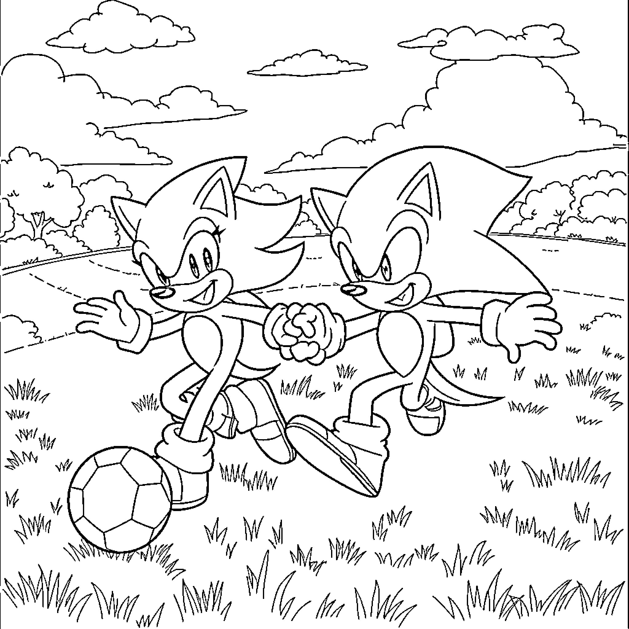 Sonic characters playing with soccer ball in outdoor scene Coloring Page (free black-and-white line drawing printable PDF for all, from beginners to advanced learners, including children, teens, adults, and seniors)