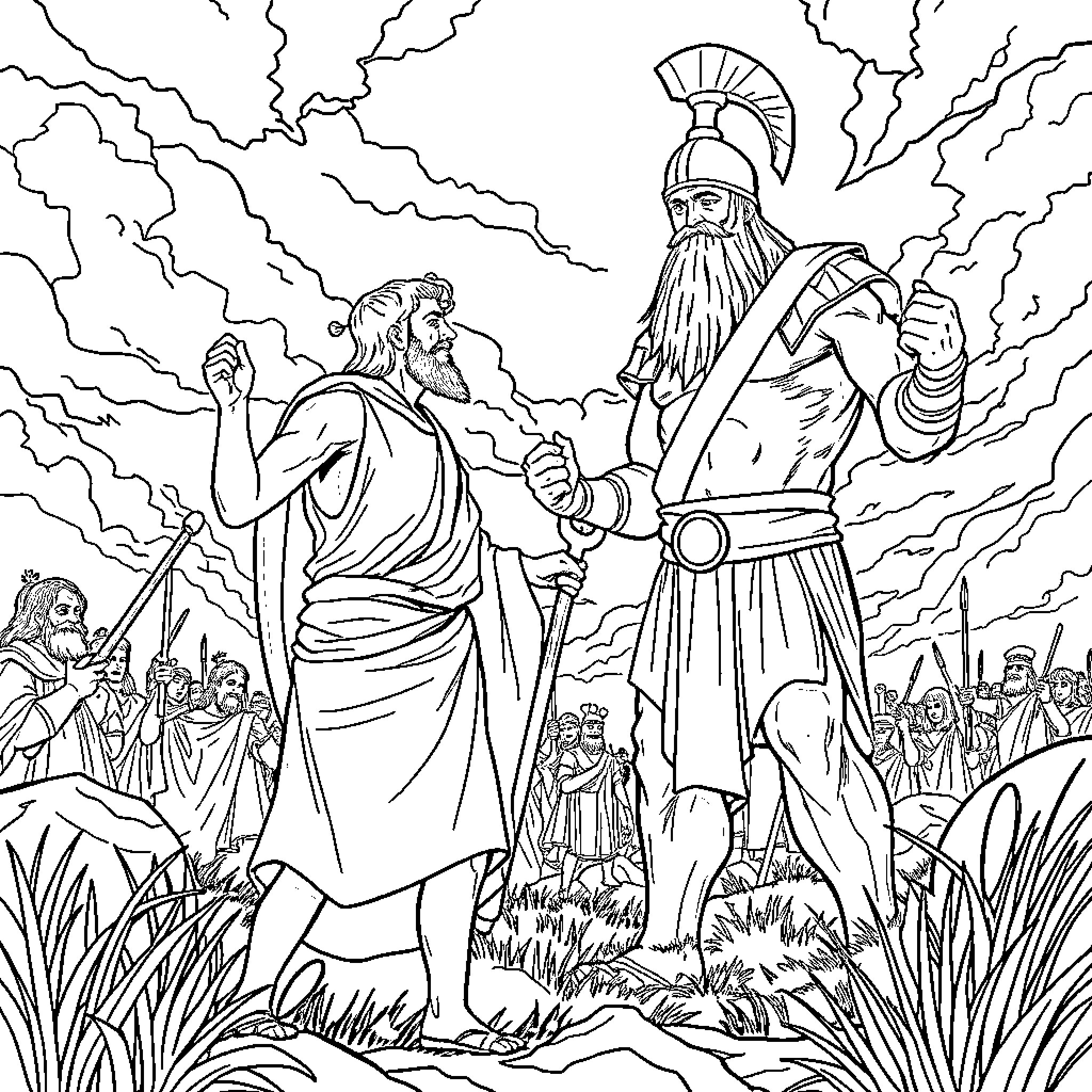 David vs Goliath: The Famed Biblical Battle Coloring Page (free black-and-white line drawing printable PDF for all, from beginners to advanced learners, including children, teens, adults, and seniors)