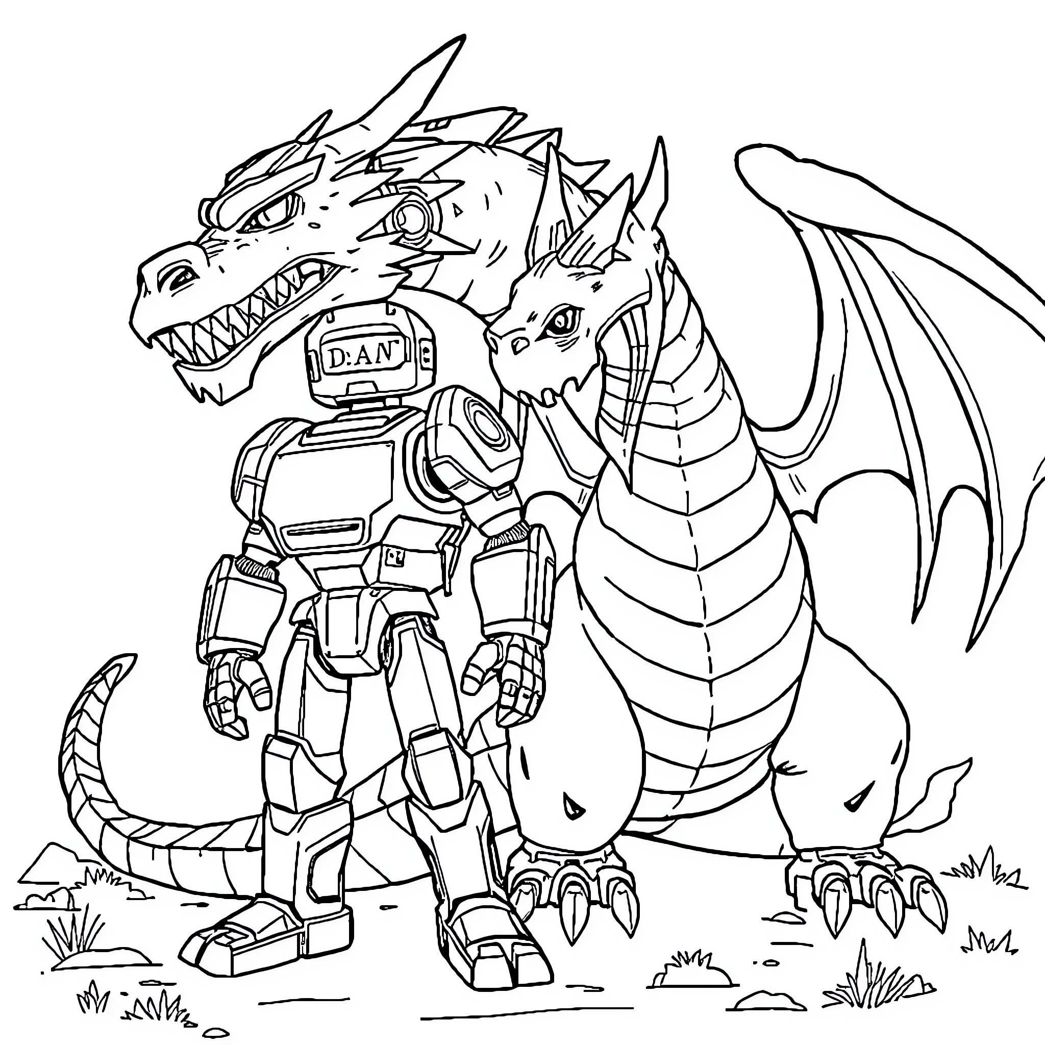 Robot dragon in fierce pose and expression Coloring Page (free black-and-white line drawing printable PDF for all, from beginners to advanced learners, including children, teens, adults, and seniors)
