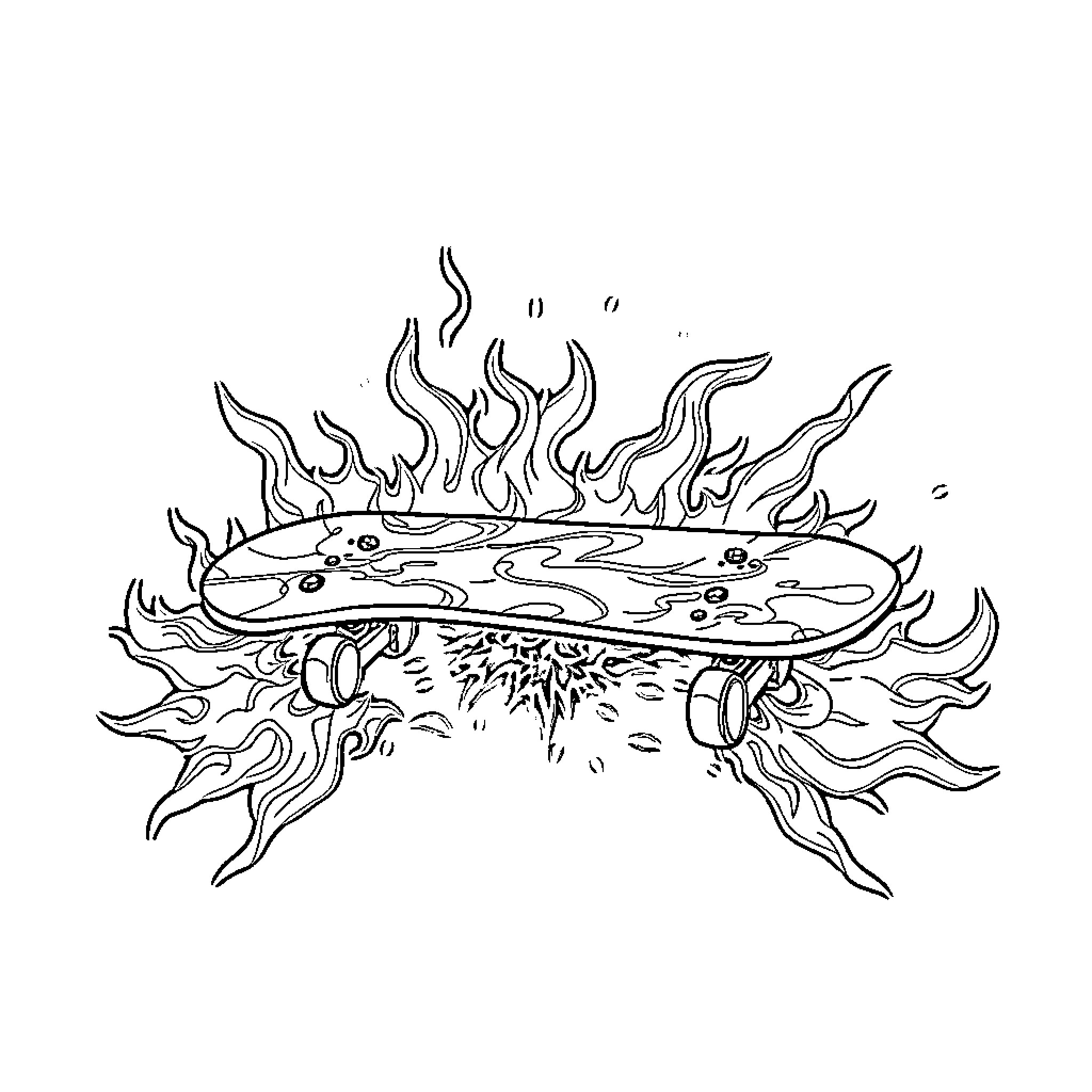 Skateboard with Fiery Design and Psychedelic Patterns Coloring Page (free black-and-white line drawing printable PDF for all, from beginners to advanced learners, including children, teens, adults, and seniors)