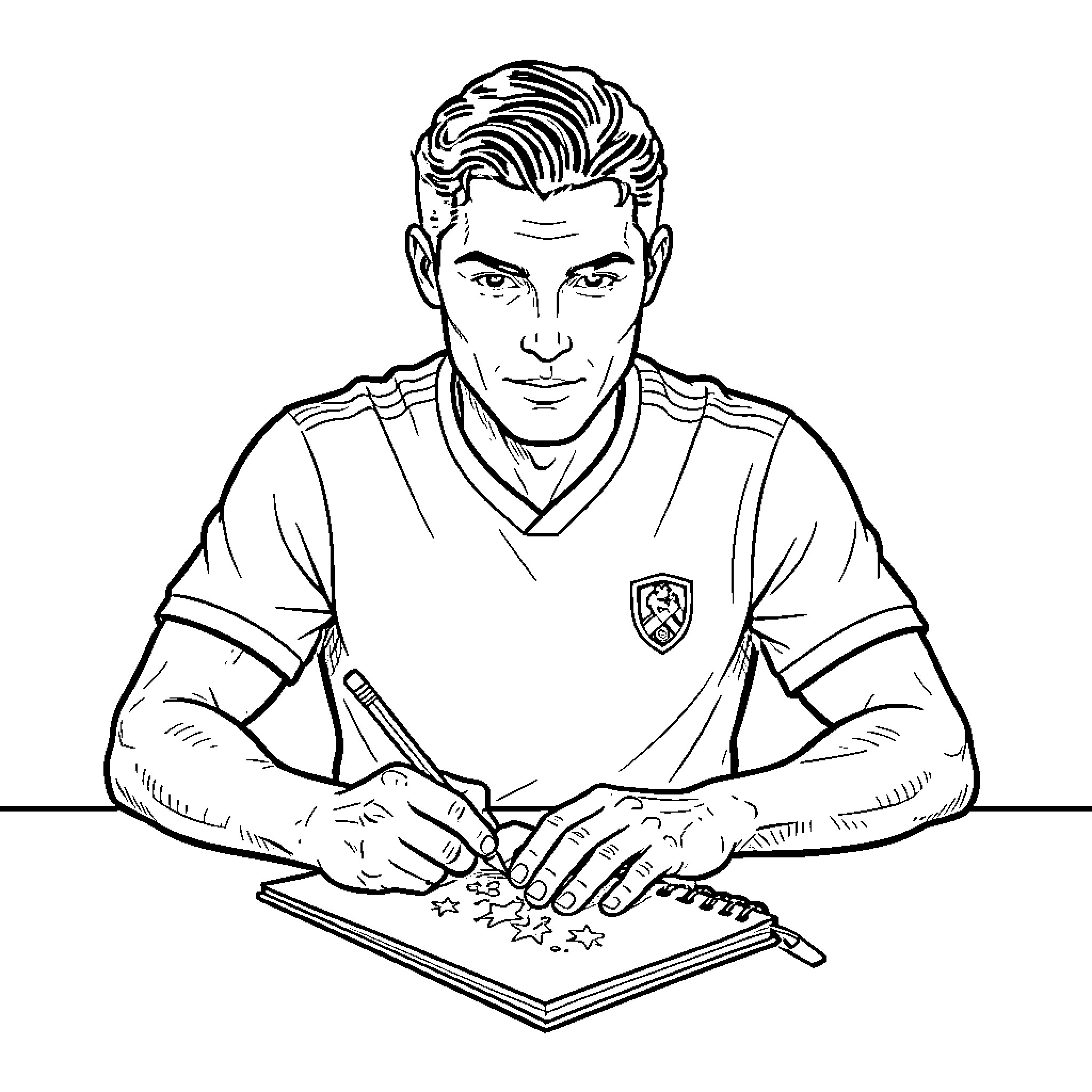 Ronaldo signs autographs for fans with focused expression Coloring Page (free black-and-white line drawing printable PDF for all, from beginners to advanced learners, including children, teens, adults, and seniors)