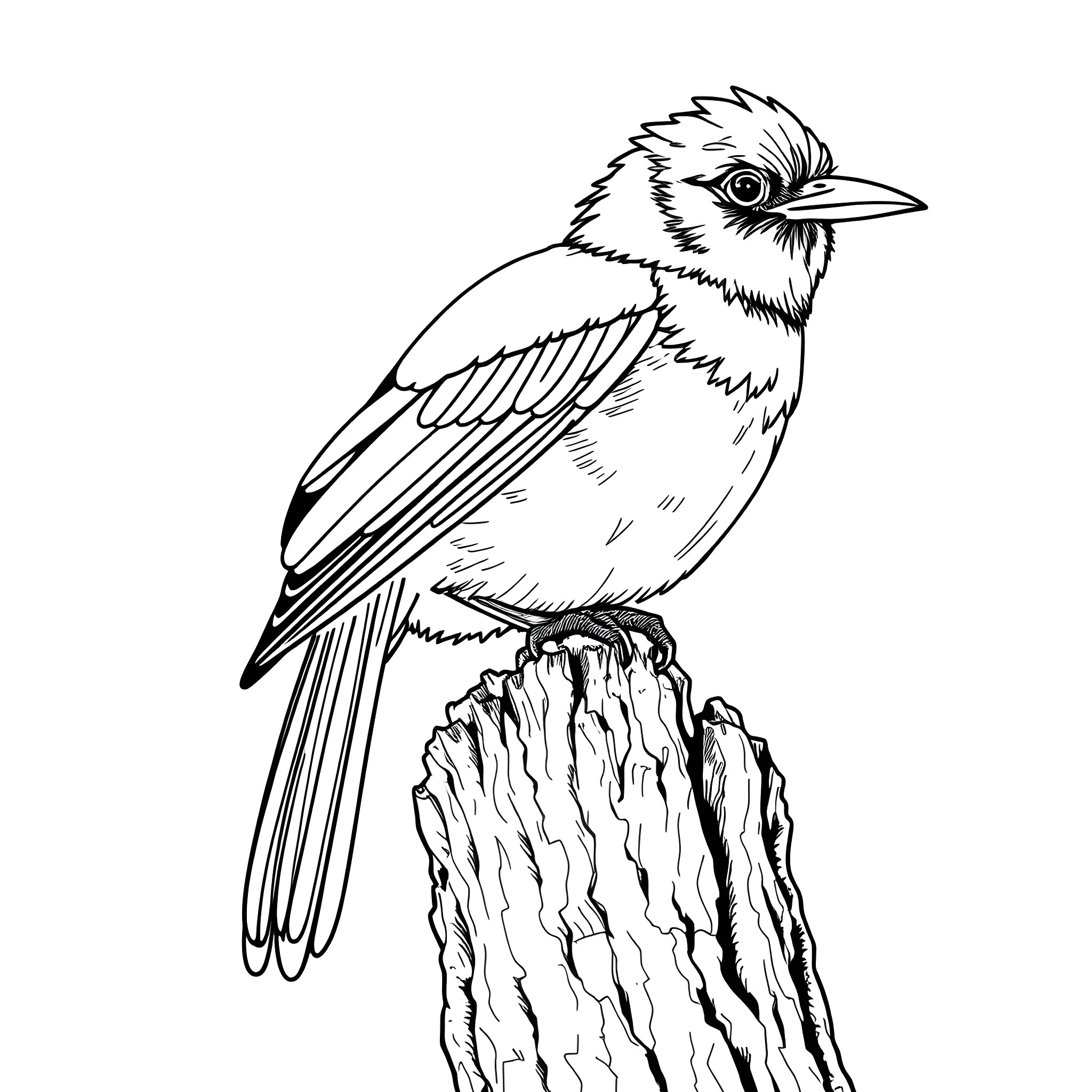 Tanager perching on a tree stump Coloring Page (free black-and-white line drawing printable PDF for all, from beginners to advanced learners, including children, teens, adults, and seniors)
