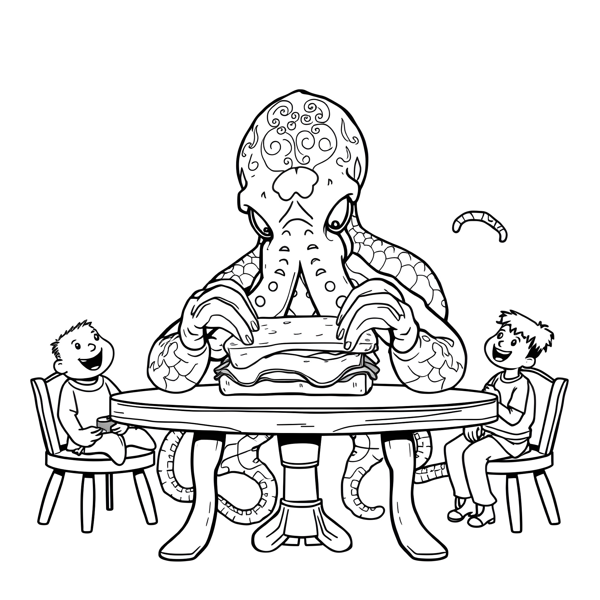 Cthulhu hosts a curious tea party with unusual guests Coloring Page (free black-and-white line drawing printable PDF for all, from beginners to advanced learners, including children, teens, adults, and seniors)