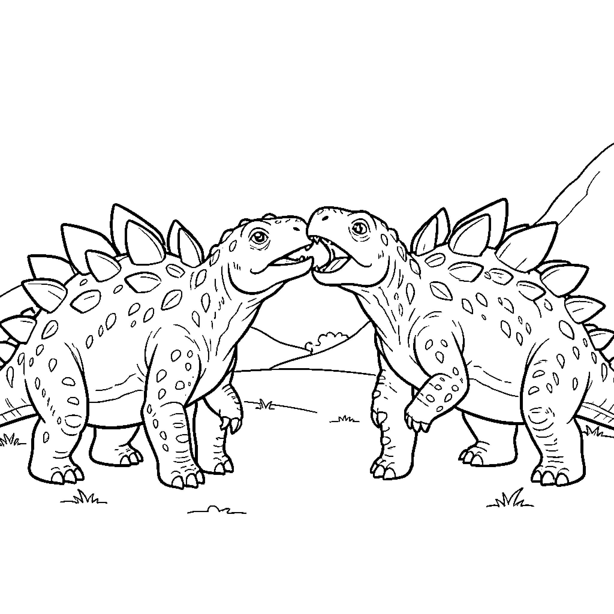 Stegosaurus dinosaurs interacting playfully in a prehistoric landscape Coloring Page (free black-and-white line drawing printable PDF for all, from beginners to advanced learners, including children, teens, adults, and seniors)