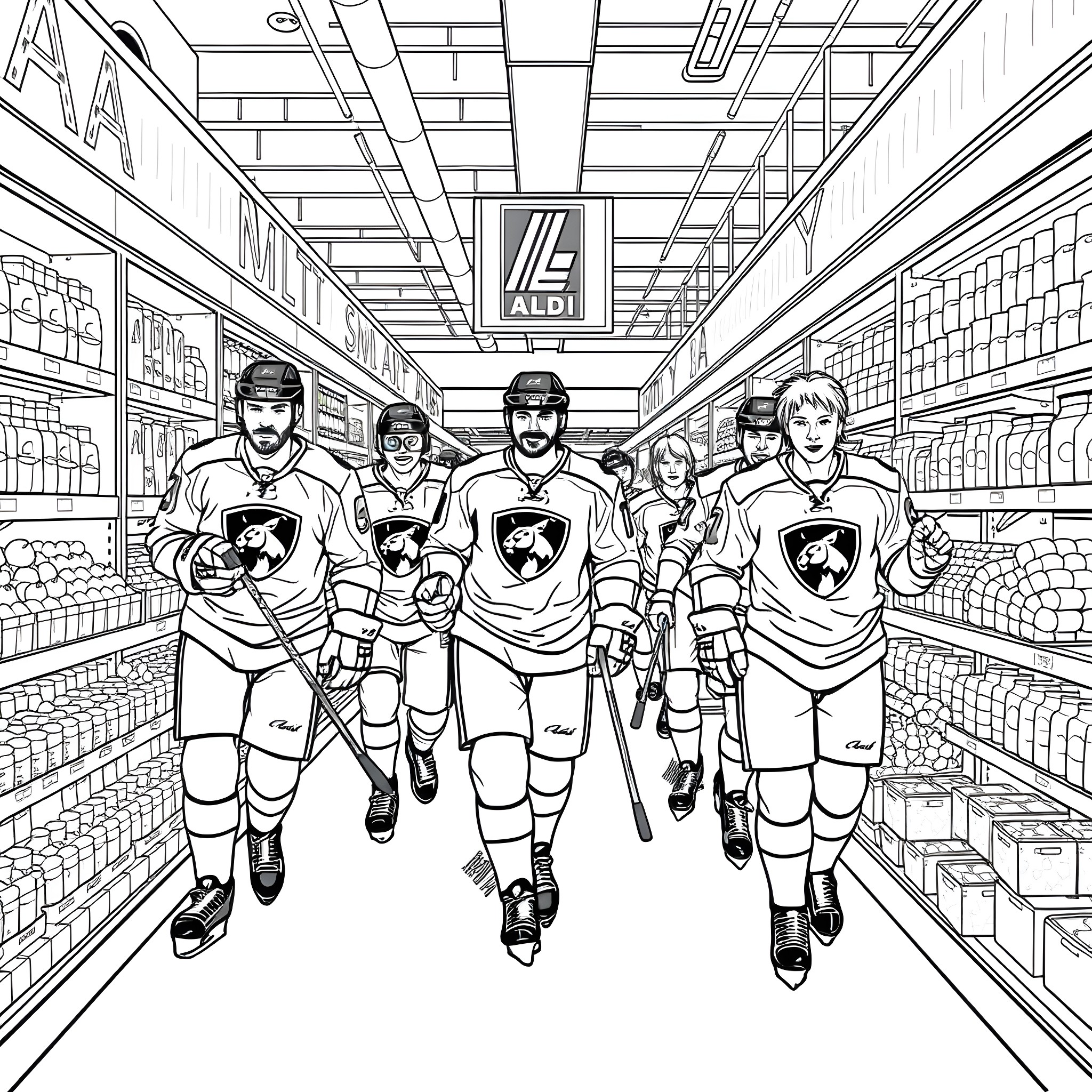Panther hockey team walking through grocery store aisle Coloring Page (free black-and-white line drawing printable PDF for all, from beginners to advanced learners, including children, teens, adults, and seniors)