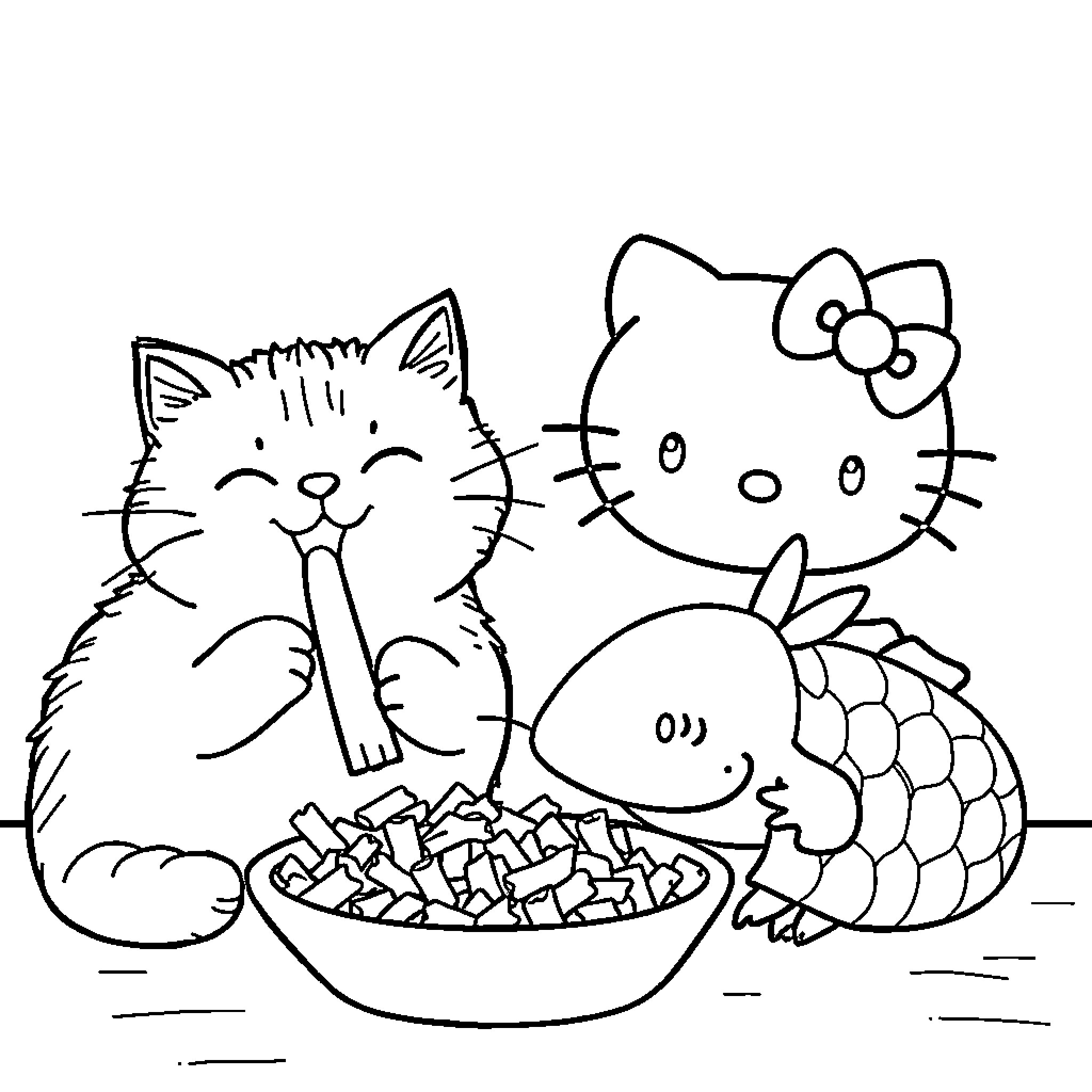 Pusheen and Hello Kitty enjoying snacks together Coloring Page (free black-and-white line drawing printable PDF for all, from beginners to advanced learners, including children, teens, adults, and seniors)