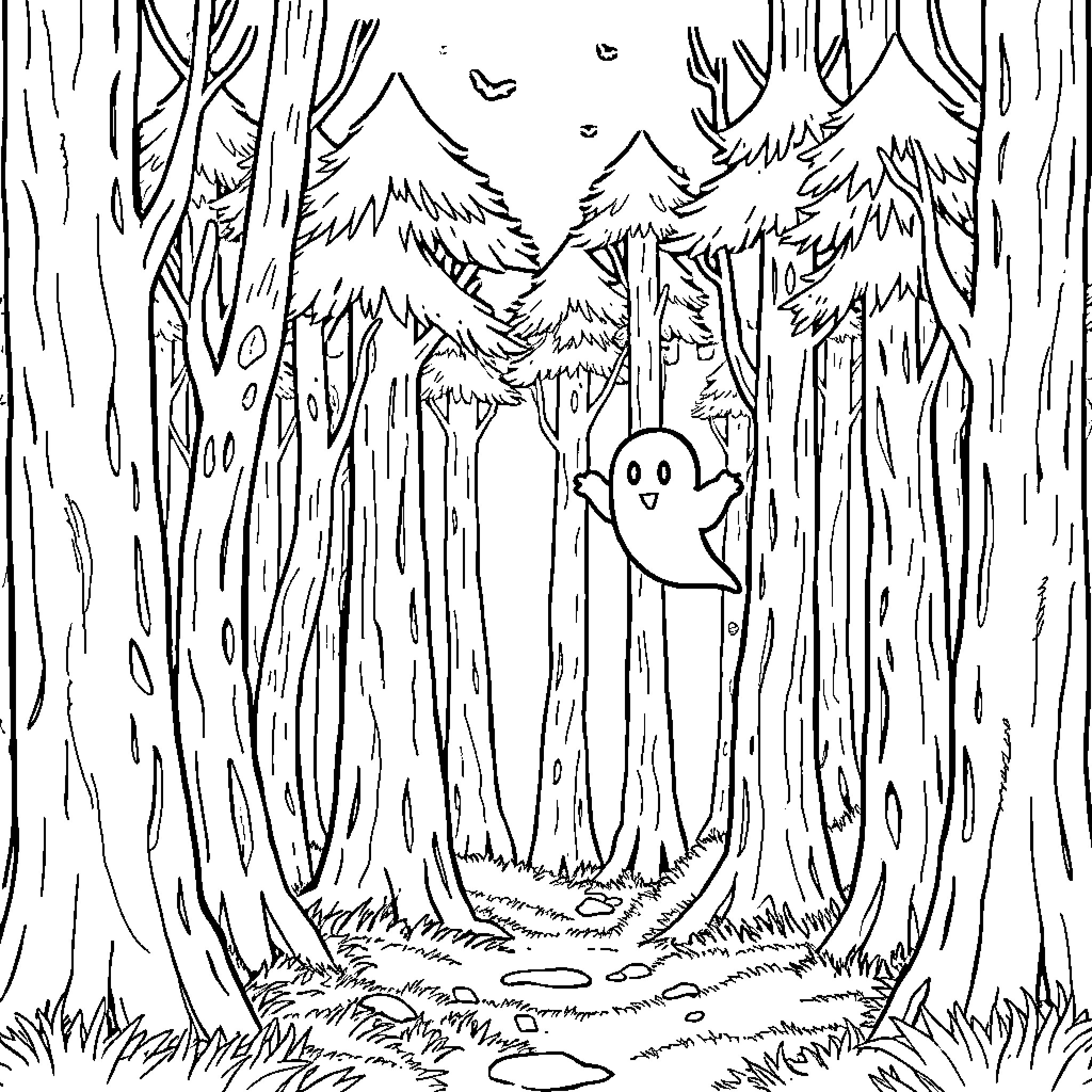 Ghost playing in the enchanted forest Coloring Page (free black-and-white line drawing printable PDF for all, from beginners to advanced learners, including children, teens, adults, and seniors)